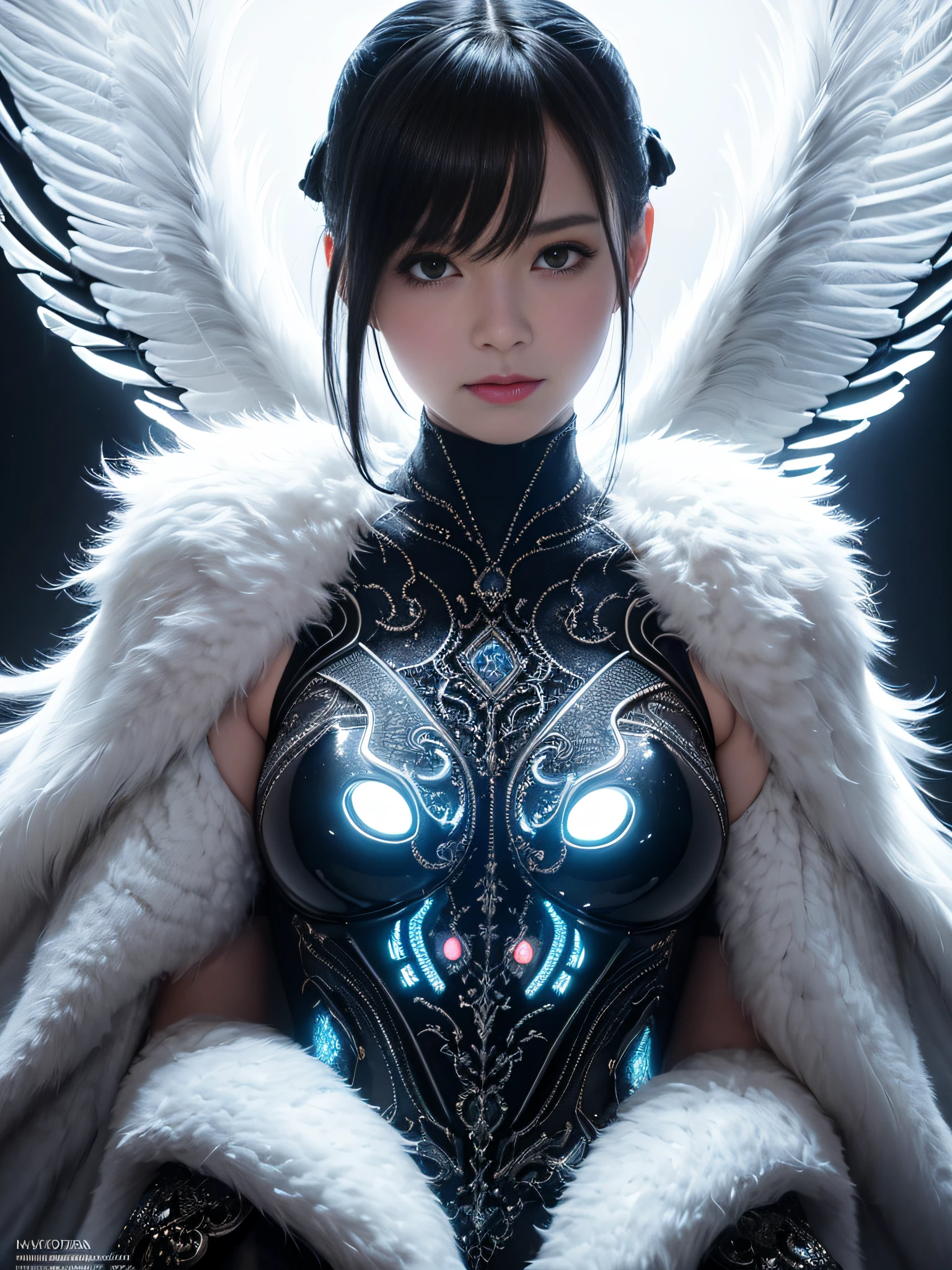 an ultra-detailed hyper-realistic photograph woman Angry smiling fashion futuristic magic with feathers bioluminescent filigree hexagon pattern, artificial shading in futuristic neon light, designed by Rei Kawakubo and Gareth Pugh, midnight aura, dreamy, glowing, backlit, glamour, glow, shadows, oil on canvas, brushstroke, ultra sharp focus complex art masterpiece menacing epic trending on artstation by artgerm , H. r. giger and beksinski, highly detailed, vibrant, sharp focus, amazing colors ✨❤️ Gs Studio, detailed details, long exposure time, f/8, ISO 100, 1/125 shutter speed, diffused backlight, award winning photography, looking at the camera, looking into the camera, monovisions, perfect contrast, high sharpness, facial symmetry, depth-of-field shots, ultra-detail photography, ray tracing, global illumination, Studio Gs Cinema HD