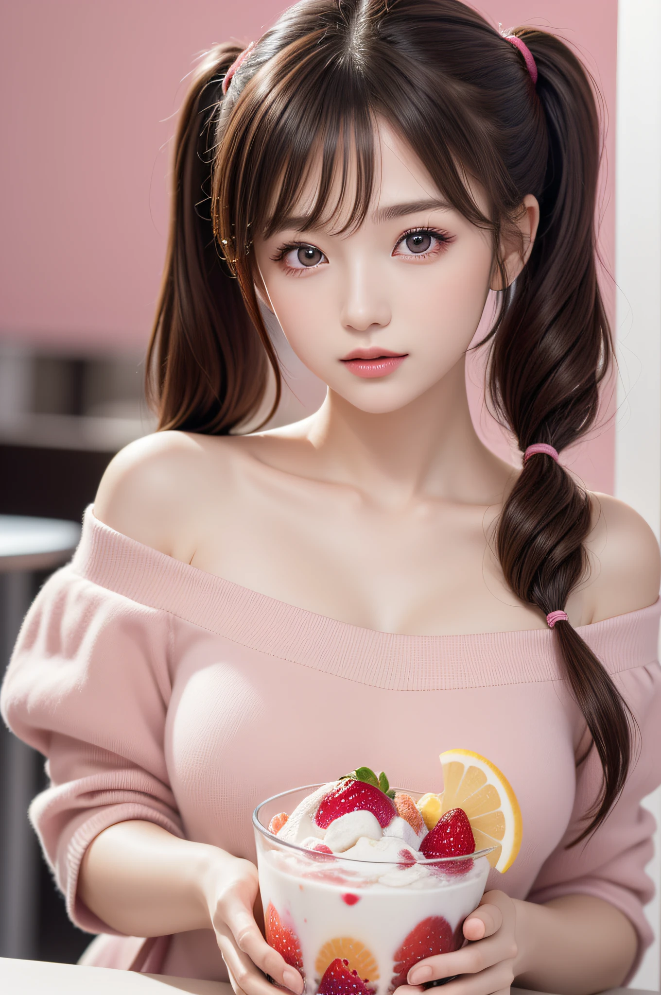 ((1girl in)), ((Best Quality)), (Ultra-detailed), (extremely detailed CG unified 8k wallpaper), Highly detailed, High-definition raw color photos, Professional Photography, (Twintails), Brown hair, Amazing face and eyes, Pink eyes, (amazingly beautiful girl), off shoulder, pink background, ((stylish cafe)), ((fruit parfait)),