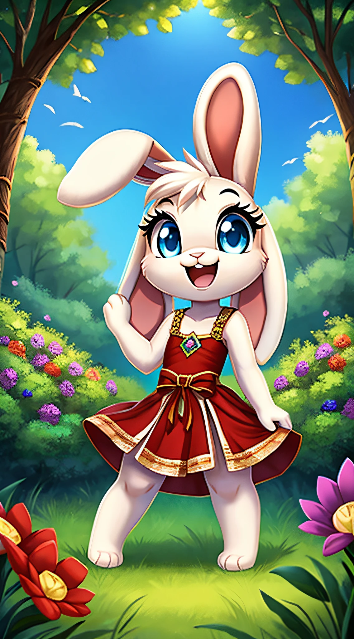 zoomed out image, fantasy style art, cute, adorable, short character, small, tiny little fluffy female white bunny with blue eyes, 4 ears, 2 extra ears, big floppy ears, long ears, ears perked up, raised ears, long eyelashes, poofy rabbit tail, wearing a red frilly ribbon dress, smiling, standing in a forest, big expressive smile, open mouth, wide eyes, excited eyes, excited face, stunning visuals, flowers scattered in the bushes, digital illustration