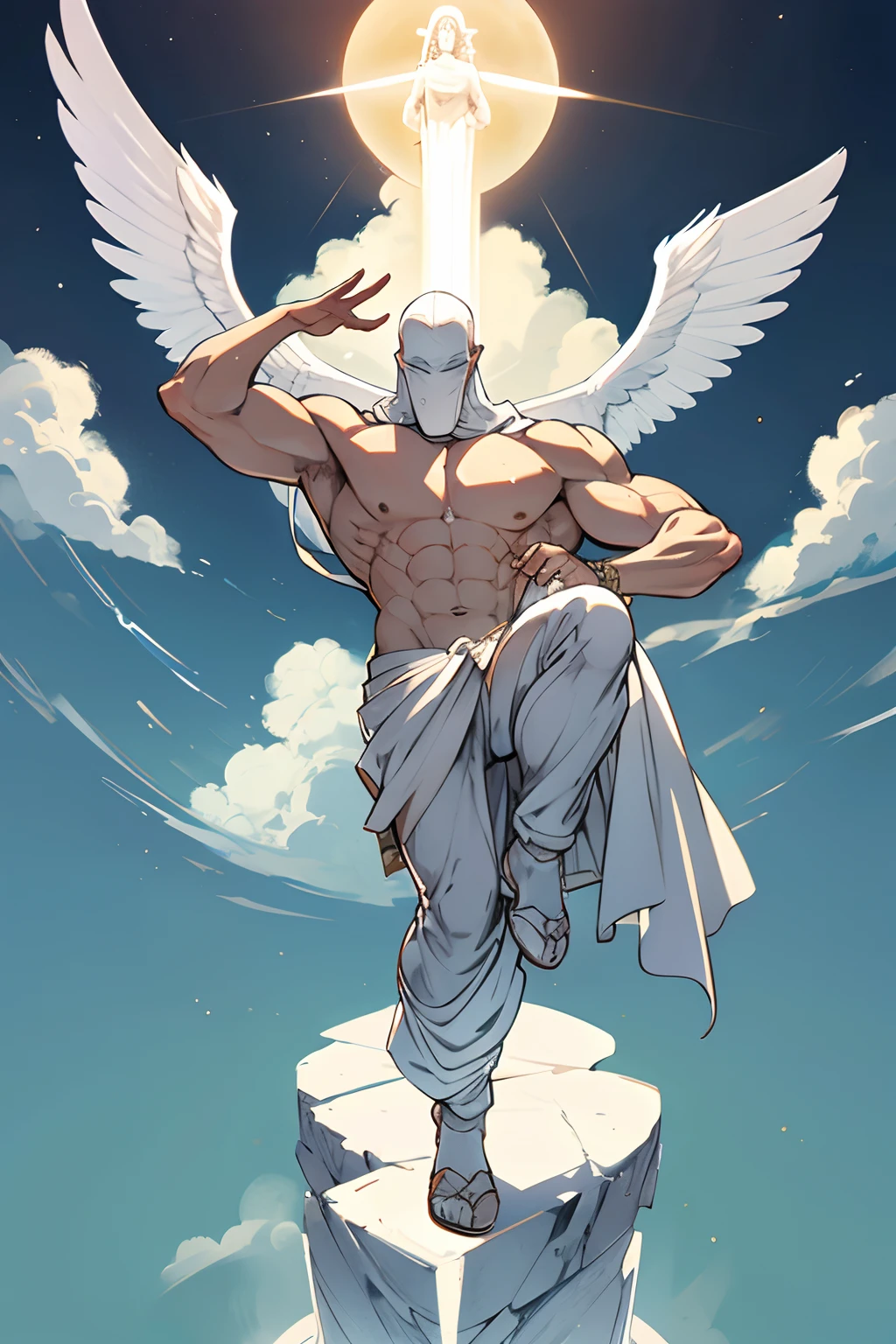 muscular male white statue with no face, divine pose, divine, devoid of face, wingless angel, angelic male, (1male), flat face, action shot,