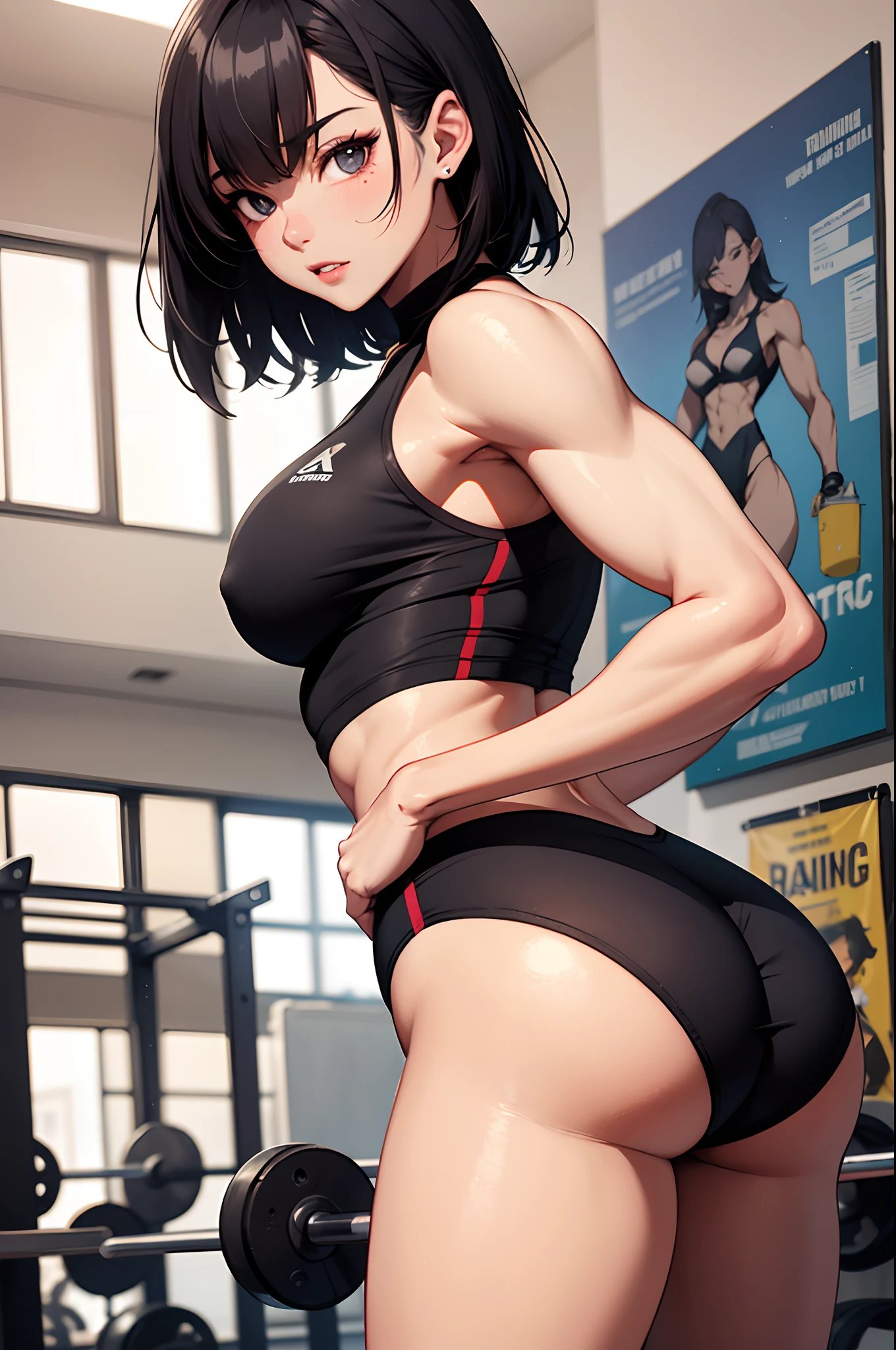 Curvaceous but slender、Muchimuchi Body、Muscle Training Girls、Physical beauty、disheveled hair、(top-quality、hight resolution、8k、masterpiece:1.2)。Muscular short-haired woman in beautiful rough clothes、I train during training sessions at a muscle training facility。Muscles are trained arms and back、Stand out on the legs。Her sweat is a testament to hard work、The contours of the muscles are beautifully revealed.。The light in the training room gives her skin a soft glow like a Hollywood actress、Her dedication and determination are felt。Posters of bodybuilding competitions and celebrity quotes are pasted on the walls of the gym.、She is pushing her limits with a powerful expression.。
