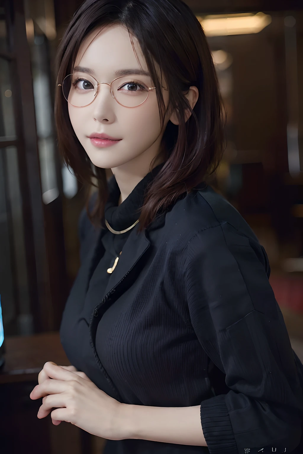 (masuter piece:1.3)、(8K、Photorealsitic、Raw photography、top-quality: 1.4)、(1girl in)、beautiful countenance、(Lifelike face)、(A dark-haired、Longhaire:1.3)、Beautiful hairstyle、realisticeyes、Beautiful details、(real looking skin)、Beautiful skins、(Sweaters)、absurderes、enticing、超A high resolution、A hyper-realistic、high-detail、the golden ratio、Women who look good in glasses、bilaterally symmetrical