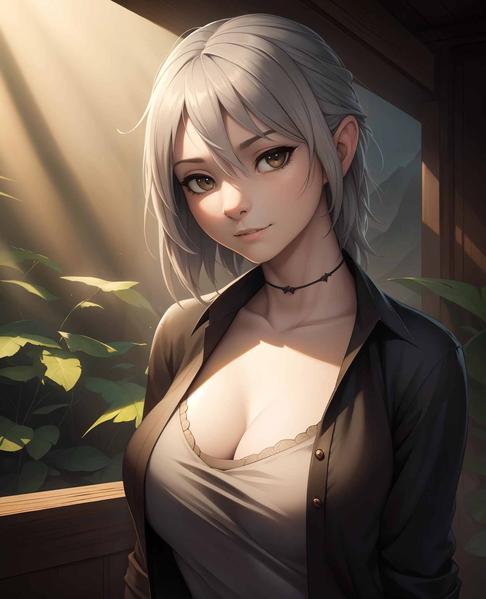 hi res, 8k, (masterpiece), soft shading, ultra detailed, detailed realistic painting, hdr, dslr, good anatomy, (masterpiece:1.2),(Portrait:1.5), scaled skin texture, (white skin),(gray hair),female, pterodactylus, dinosaur, Scales on face, fang, (black shirt), (simple backround),   depth of field, (detailed Bonifasko lighting), anatomically correct, [[by kenket|by totesfleisch8], by thebigslick:by silverfox5213:0.8], [by syuro, by paloma-paloma::0.2] (solo:1.1), Shangri-La, gobo light, rim light, volumetric light, looking at viewer,