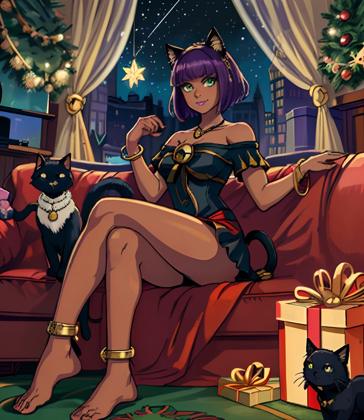[menat_holiday], ((Masterpiece)), ((High quality art)), ((High definition)), ((solo portrait)), ((anime)), ((beautiful render art)), ((detailed shading)), ((intricate details)), {(Beautiful woman), (dark skin), (cute green eyes), short purple hair, happy cute smile, (purple lipstick), (beautiful feet), (slightly muscular legs)}, {(holiday outfit), (short off-shoulder red satin dress), (black panties), (toeless socks), (bell necklace), (black cat ears), (black cat tail), (gold bracelet), (gold anklets)}, {(sitting on couch)}, [Background; (living room), (window), (snow), (starry sky), (christmas tree)}