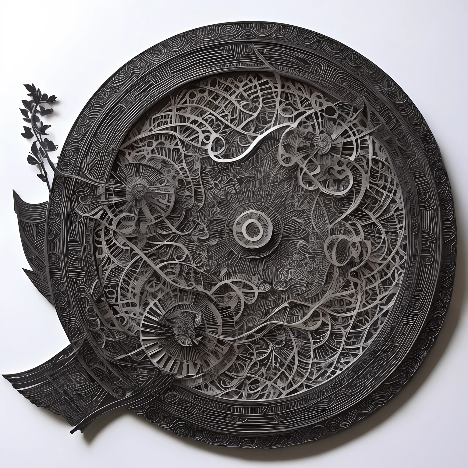 super high image, super detail, super high resolution, Japanese style paper-cut art, monochrome, concert gong with intricate patterns, detailed and delicate, professional lighting