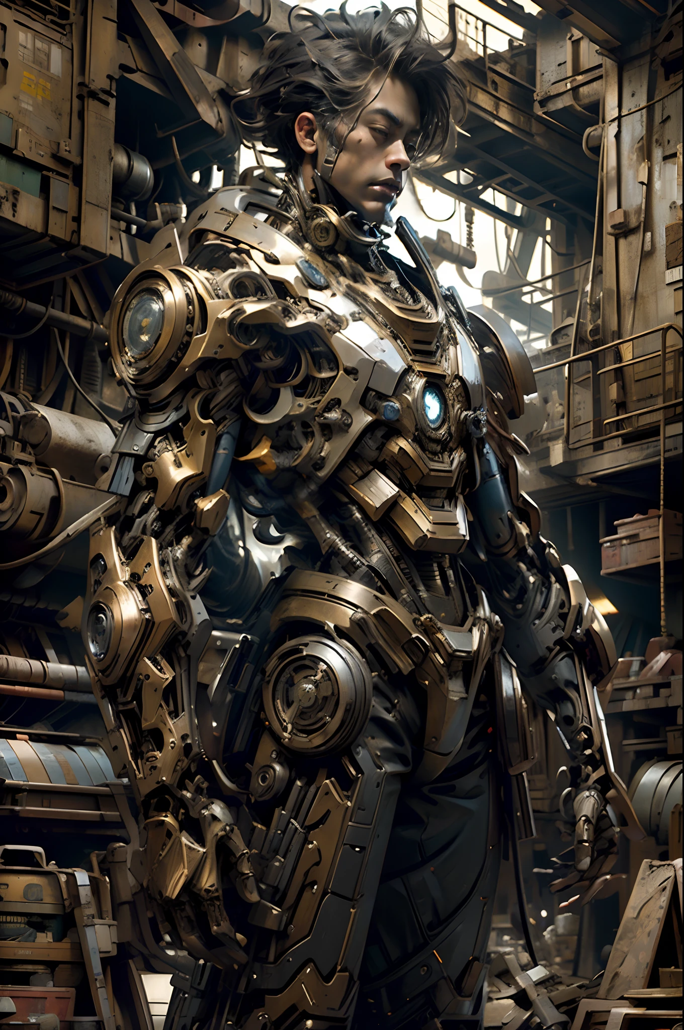 Masterpiece, ironman wearing futuristic steampunk robotic suit, hyper realistic, hyper detailed mechanical