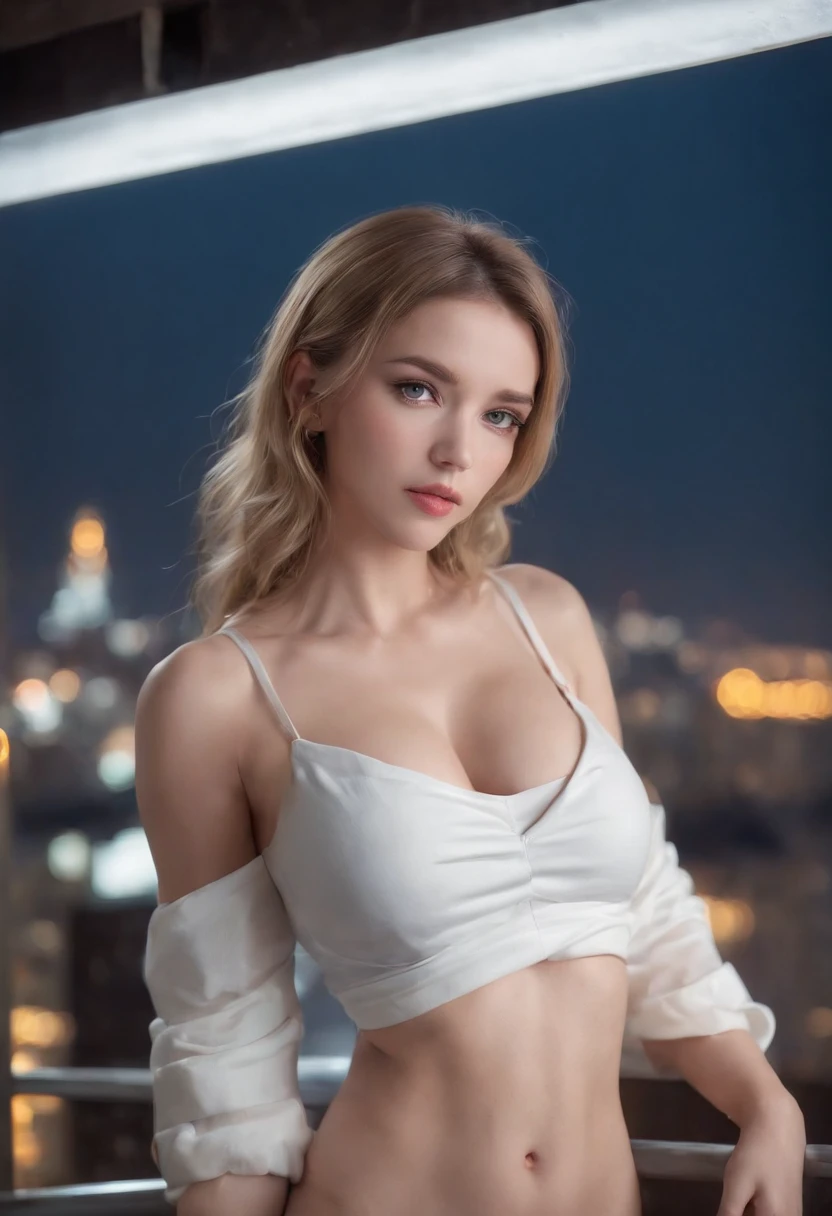 woman, Realistic character,coiffed blonde hair, Sky blue silk dress,Show the chest,Blue eyes, anime big breast, Alone, modern, cyber punk perssonage,fully body photo((midynight, Need, 8K, tmasterpiece:1.3)), full bodyesbian, Long legs, Focalors:1.2, perfect figure beautiful woman:1.4, Slim abs:1.1, ((Dark brown hair, huge tit:1.2 )), (white tight t-shirt, standing on your feet:1.2), ((city night scene, the roof:1.3)), Highly detailed facial and skin texture, 詳細な目, 二重まぶた