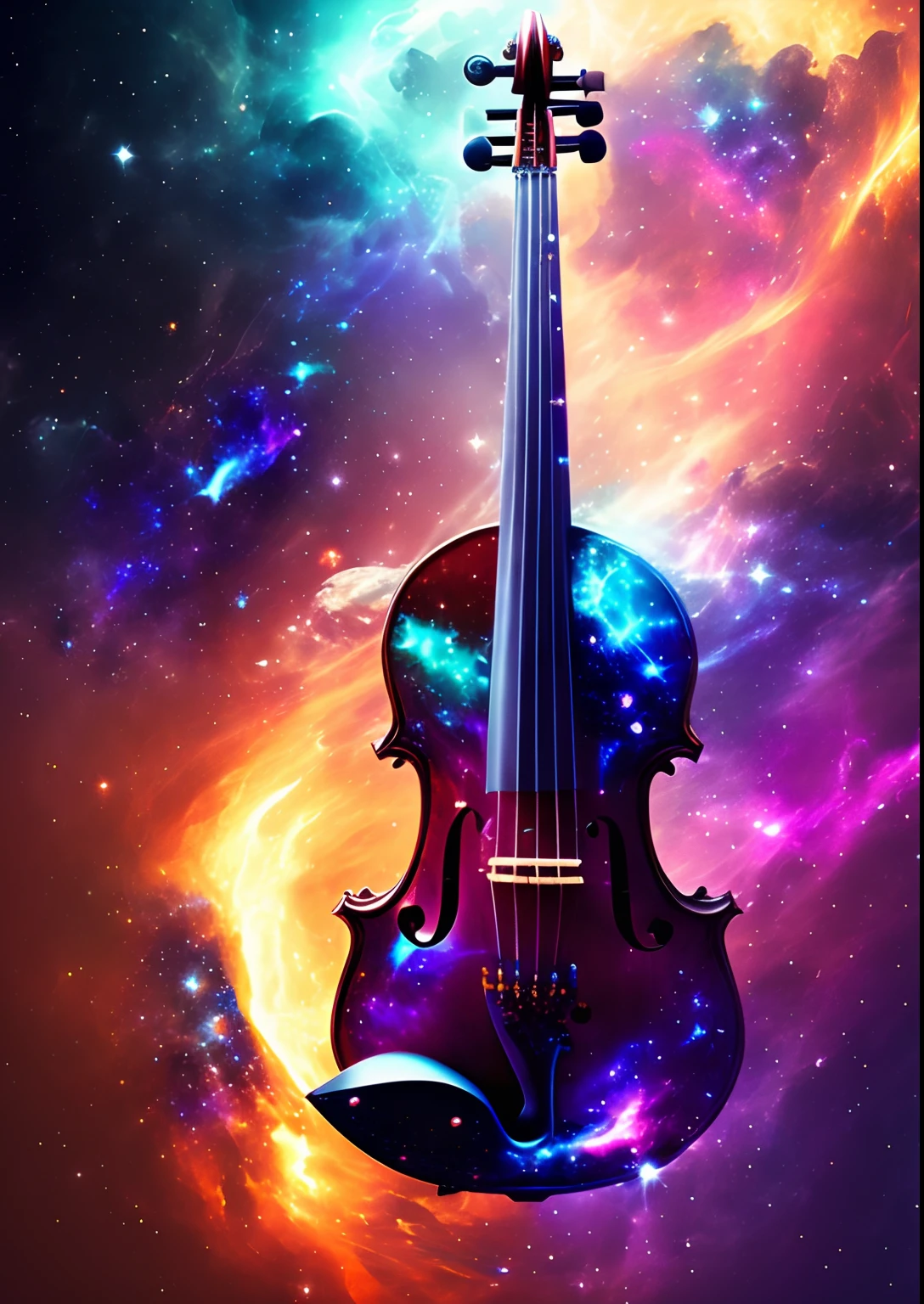 dreamlikeart, galaxy, outer space, nebula, star, [cyberpunked] Violin from the stars (star:1.5),