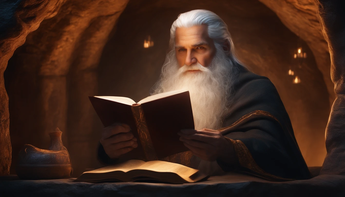 Old, Ancient, Magician, White Hair, Bright Eyes, Long Beard, Sitting in a Cave, Reading a Magical Book, Alone, Ultra Realistic, Detailed, Best Quality, Full HD,