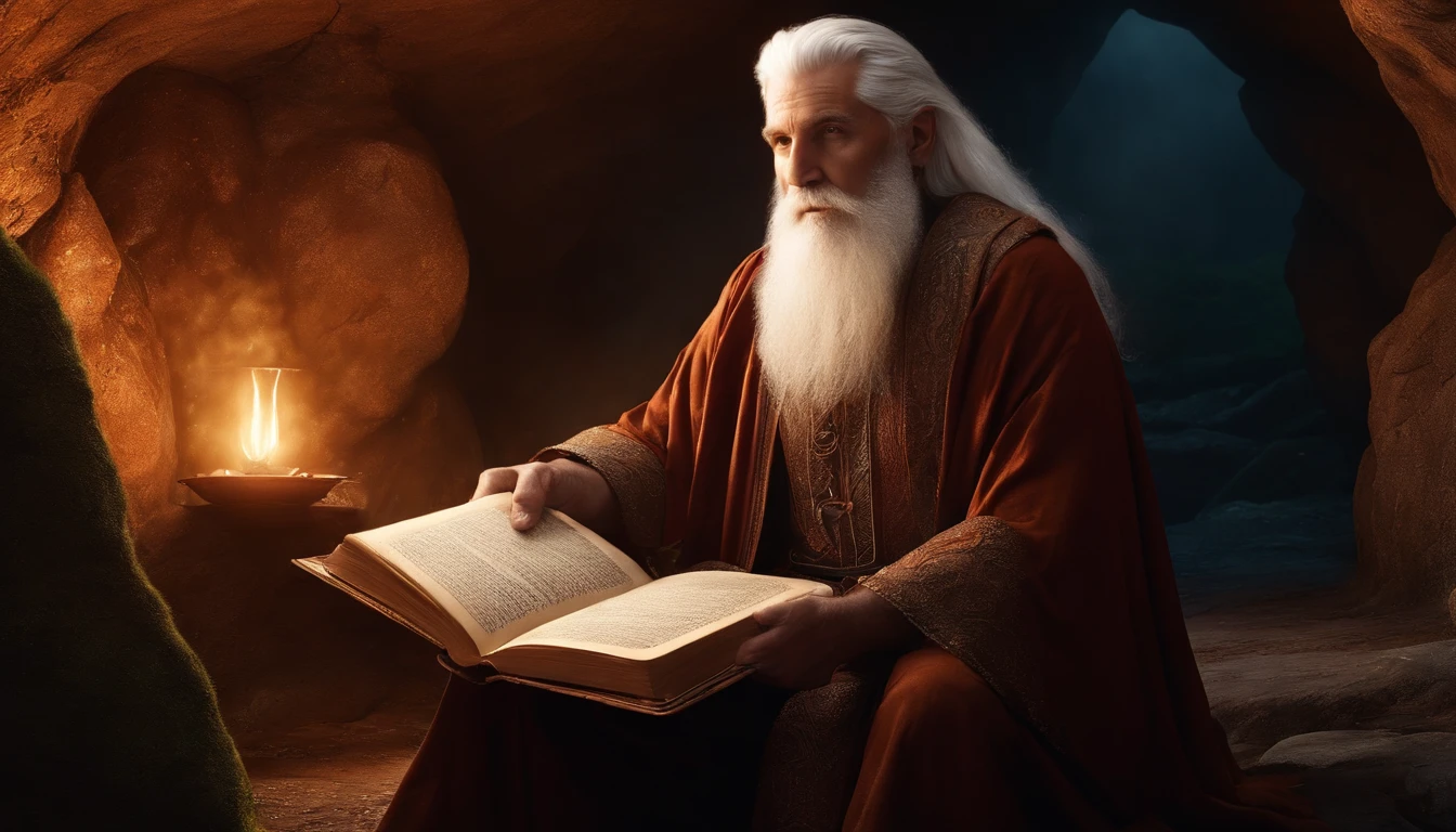 Old, Ancient, Magician, White Hair, Bright Eyes, Long Beard, Sitting in a Cave, Reading a Magical Book, Alone, Ultra Realistic, Detailed, Best Quality, Full HD,