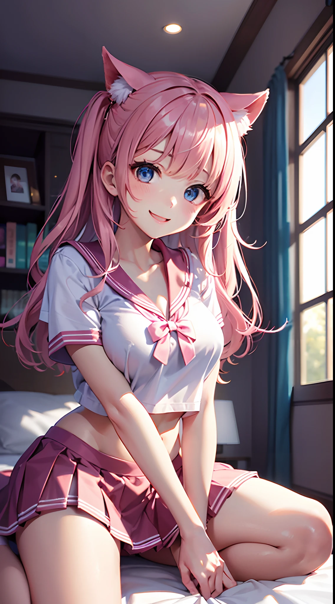 Beautiful illustration、top-quality、 s、Bedroom、A pink-haired、length hair、(((Pink pleated skirt)))、(((pink sailor suit)))、shortsleeves、Colossal tits、a navel、Flipping up the skirt with your hands、Show white panties、Pull up your skirt and show your panties、bare-legged、blue eyess、on the beds、lovely thighs、glowing thigh