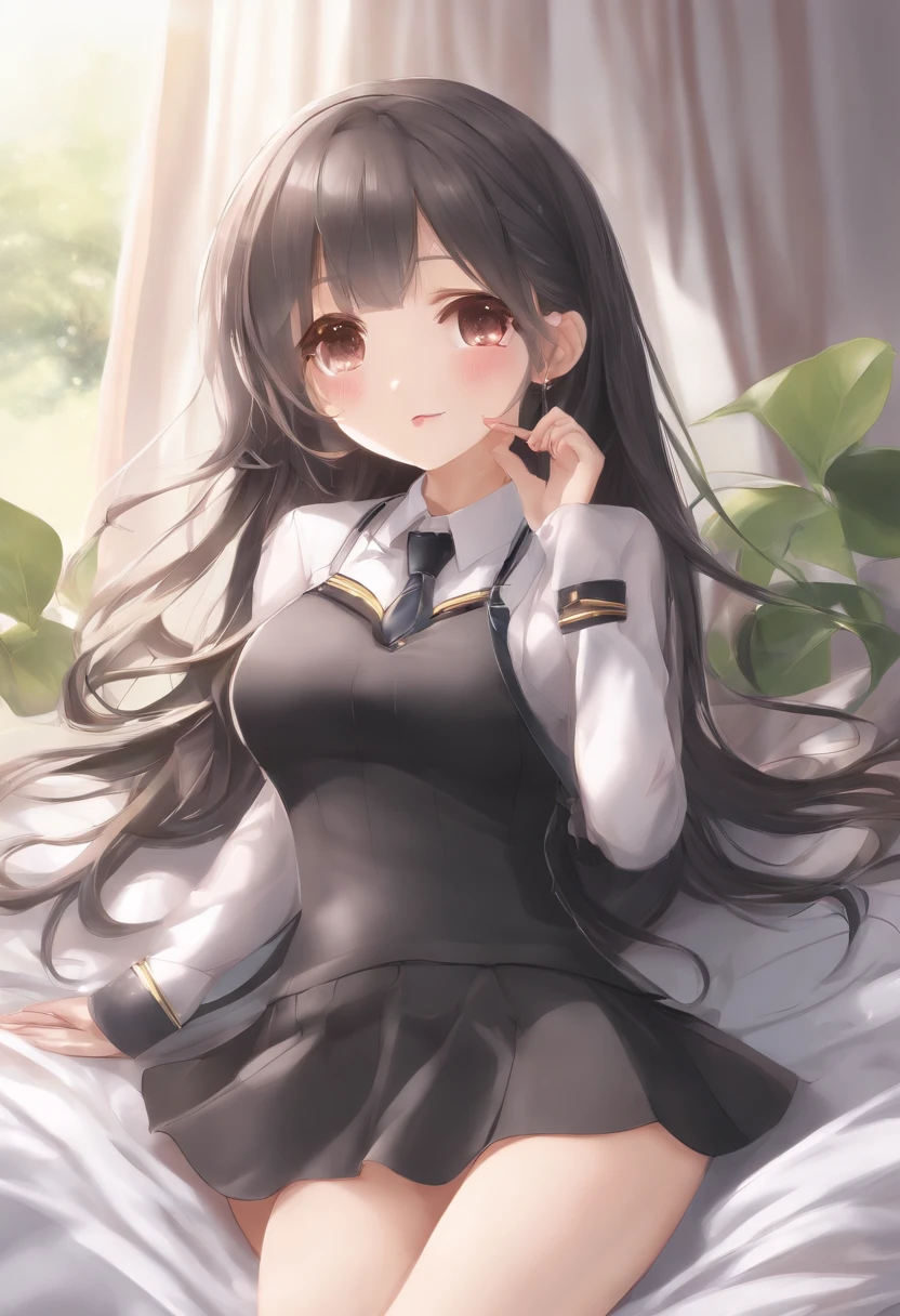 High definition, 8K, 4K, long dark hair, shiny hair, high school girl, tall slender, school uniform, skirt, blush, on back, sleep, lie down, arms up behind, glowing eyes, sperm, cum inside, tongue out, legs up, legs spread, bed, cute room, beautiful big tits, thighs, belly shot, cum, blush, full body, belly, (sweat), shiny skin, on top, gooey