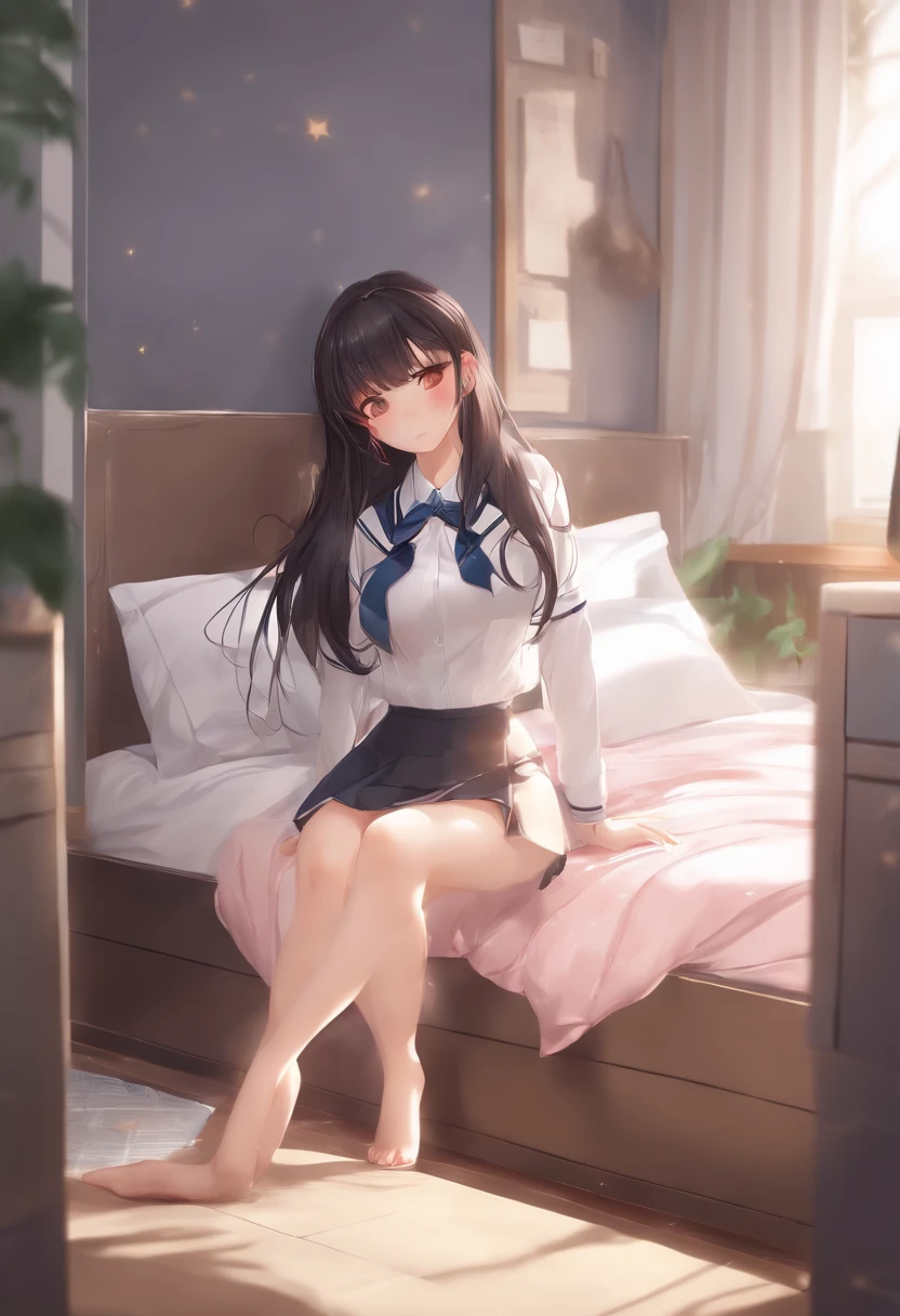 8K，style of anime，black long socks，pleatedskirt，A black-eyed，Schoolgirl lying in bed