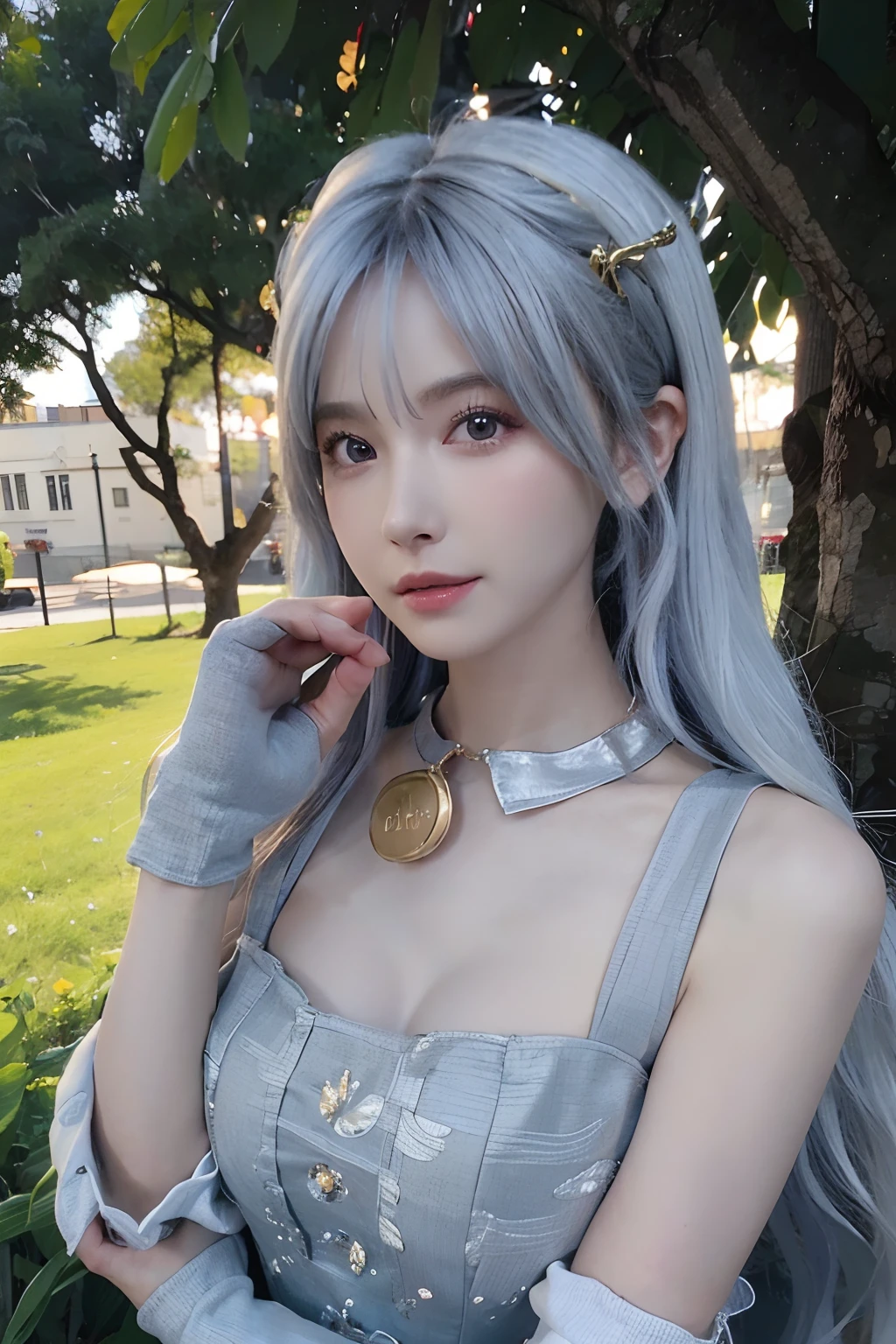 (masuter piece:1.3)、(8K、Photorealsitic、Raw photography、top-quality: 1.4)、(1girl in)、beautiful countenance、(Lifelike face)、(white hair、Longhaire:1.3)、Beautiful hairstyle、realisticeyes、Beautiful details、(real looking skin)、Beautiful skins、(Blouse)、absurderes、enticing、超A high resolution、A hyper-realistic、high-detail、the golden ratio、grass field、curly hair