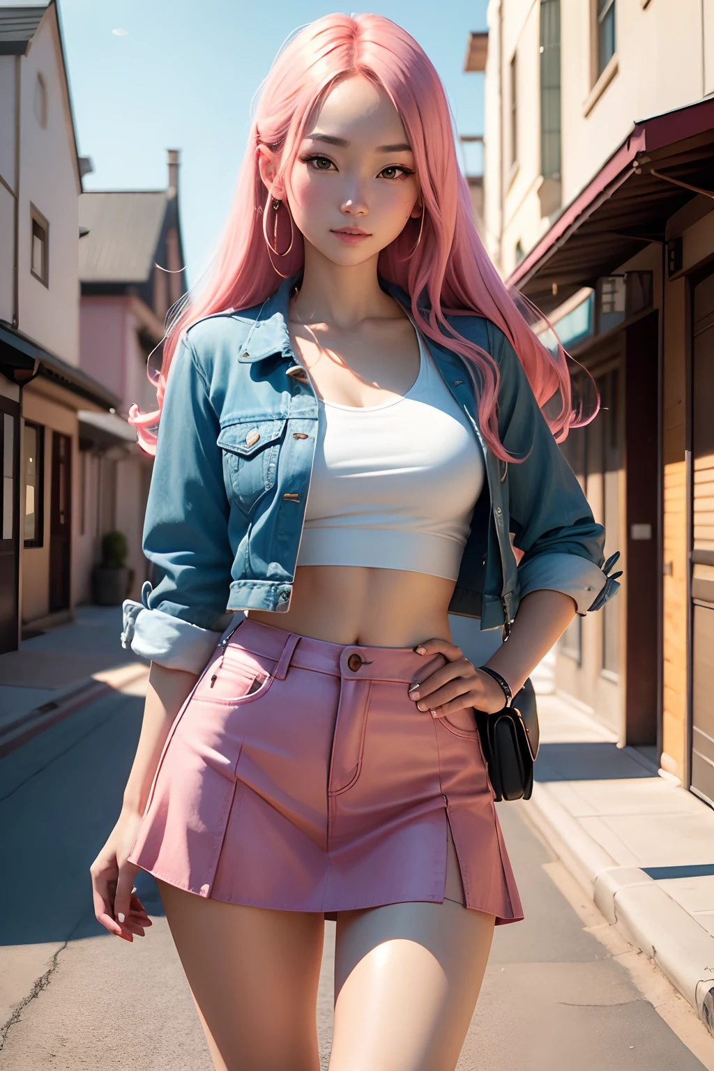 (best quality,4k,highres),ultra-detailed,realistic,portrait,beautiful young Japanese American woman, long pink hair, green eyes, detailed face, natural makeup, delicate features, radiant smile, fashionable, stylishly dressed, jean mini skirt, crop top, jean jacket, knee high boots, confident posture, standing on the corner in Winslow Arizona, sunny day, clear blue sky, vibrant colors, artistic composition, soft lighting, dreamy atmosphere