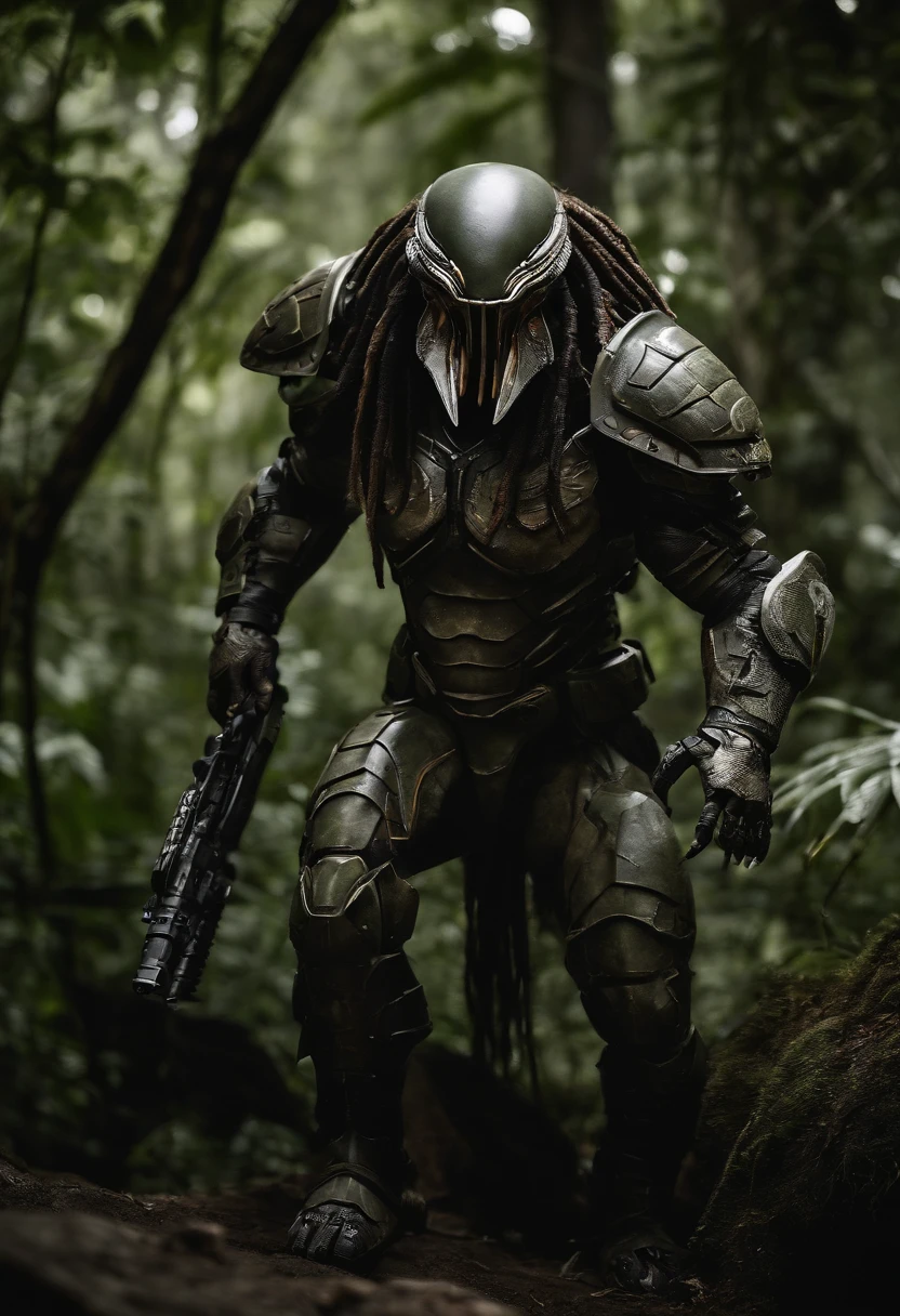 Create realistic predator images, The iconic alien hunter in the film series "Predator". The Predator is a formidable and powerful creature, with about 2,5 meters high. Their skin is gray-green in tone,And has a scaly character, A rough texture that blends in with the environment.
He wears intricate technical armor, Combining organic elements with advanced technology. His armor has metal plates,It is decorated with carved details, clutching his chest, bshoulders, Arms and legs. A cloak made of fragile material flows behind him, Add a dramatic twist.
The Predator's Face is an interesting blend of extraterrestrial biology and biomechanical implants. Your V-shaped jaw can open to reveal rows of sharp objects, Fleshy teeth. His eyes glowed a disturbing yellow and red, Exudes an insidious aura. A bone stretched to the top of his head, Give it a majestic look.
Equipped for hunting, The Predator carries an impressive variety of weapons. The curved blade is attached to your arm, Ready to be unsheathed in an instant. Tech backpacks fit on your back, Power your equipment. In one hand, Maintain its characteristic plasma cannon, Capable of firing projectiles with destructive energy.
The image should depict the predator in a pose that shows its ferocious and determined nature. Dramatic lighting should accentuate the skin texture, The complexity of the armor and the strength of the eyes. The background environment should suggest a dense and mysterious jungle,Predators often come out to hunt their prey.
Be sure to capture the imposing and legendary essence of the Predator, A skilled and feared hunter,Attracting audiences for years.