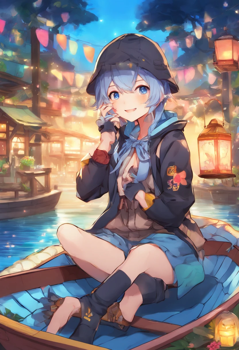 an illustration of an anime character sitting in a boat in the dark with an intense stare and a lantern, 1boy, solo, gloves, male focus, pointy ears, blue hair, black gloves, black hair, sky, lantern, black pants, shirt, multicolored hair, blue ascot, pants, white shirt, open clothes, yellow eyes, infection monitor (arknights), smile