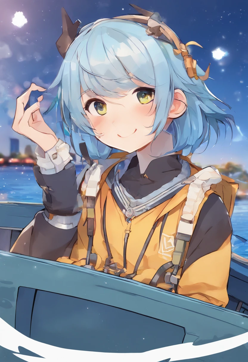 an illustration of an anime character sitting in a boat in the dark with an intense stare and a lantern, 1boy, solo, gloves, male focus, pointy ears, blue hair, black gloves, black hair, sky, lantern, black pants, shirt, multicolored hair, blue ascot, pants, white shirt, open clothes, yellow eyes, infection monitor (arknights), smile