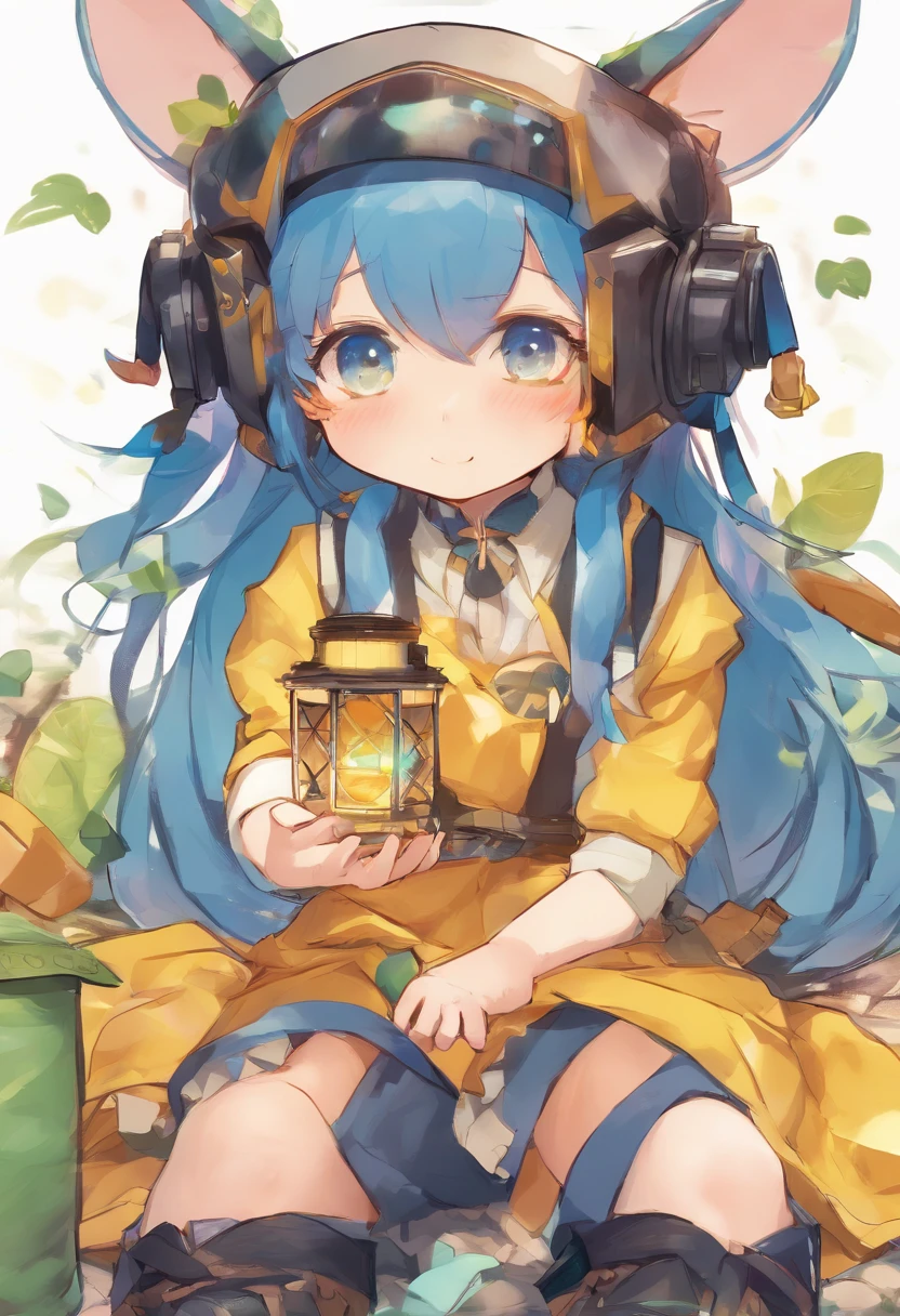 an illustration of an anime character sitting in a boat in the dark with an intense stare and a lantern, 1boy, solo, gloves, male focus, pointy ears, blue hair, black gloves, black hair, sky, lantern, black pants, shirt, multicolored hair, blue ascot, pants, white shirt, open clothes, yellow eyes, infection monitor (arknights), smile