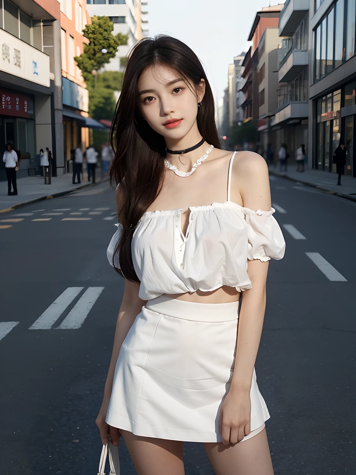 best qualtiy,tmasterpiece,超高分辨率,(真实感:1.4),RAW photogr,1girll,long whitr hair,Face Highlighting,Pure,Girly,Flushing,18yr old,18-year-old smiling female classmate,Pure,Innocent,(best qualtiy,8K,tmasterpiece:1.3),Goose egg face,largeeyes,long eyelasher,Exquisite(live-action realistic style),Star-like eyes,Ultimate face,Photorealistic light and shadow,Clear facial features,Milky white skin,Fair skin, highdetailskin, Realistic skin details, Visible Pore,(Super detail),(perfect bodies:1.1),long whitr hair,(dynamicposes),((Dynamic background((volumettic light:1.3)),black short skirt,huge tit,White color blouse,choker necklace,Street photography