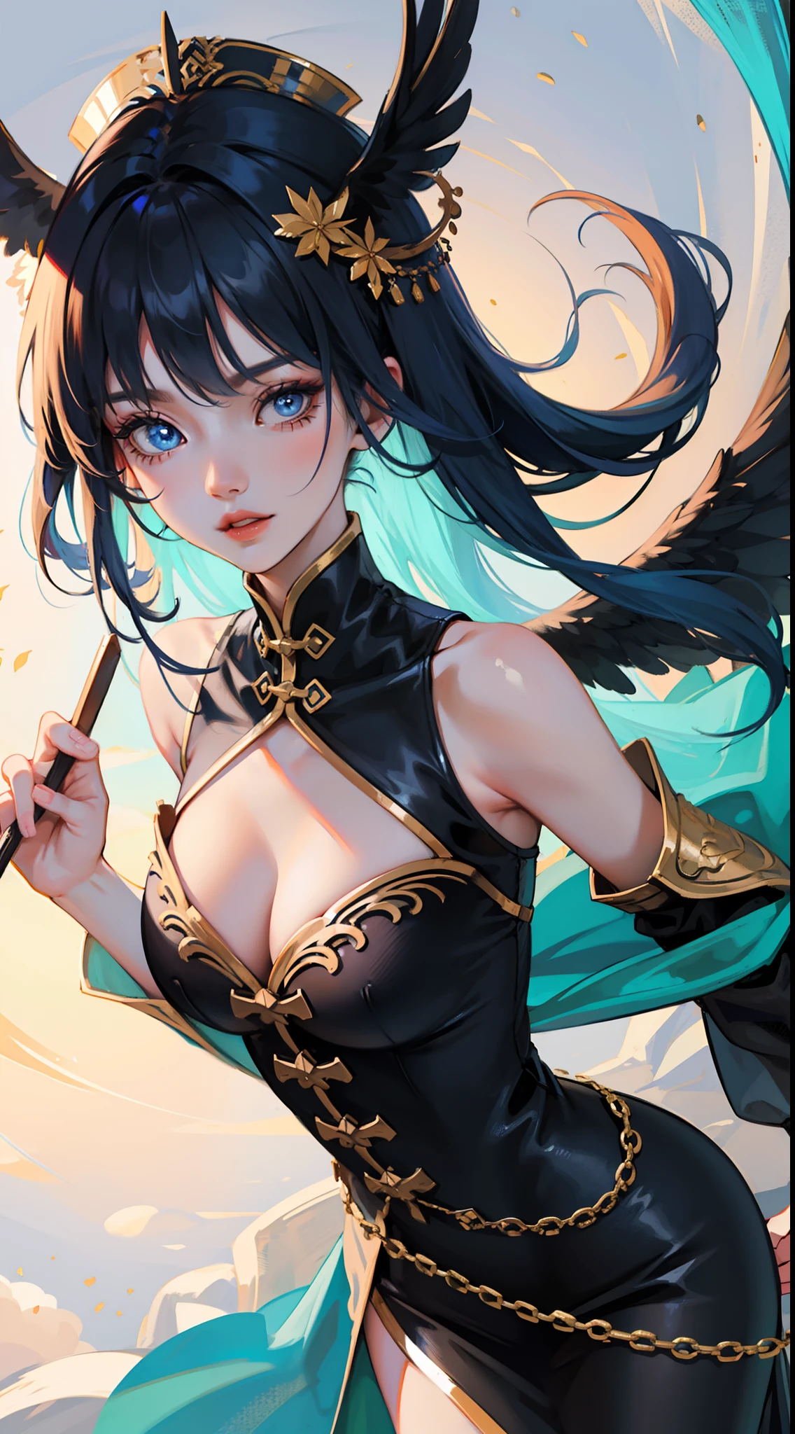 Tall girl, Short blue hair, blue eyes, Black Chinese dress, Blue inserts, open shoulders, big angel wings, Masterpiece, hiquality, high detail, HD, 4k
