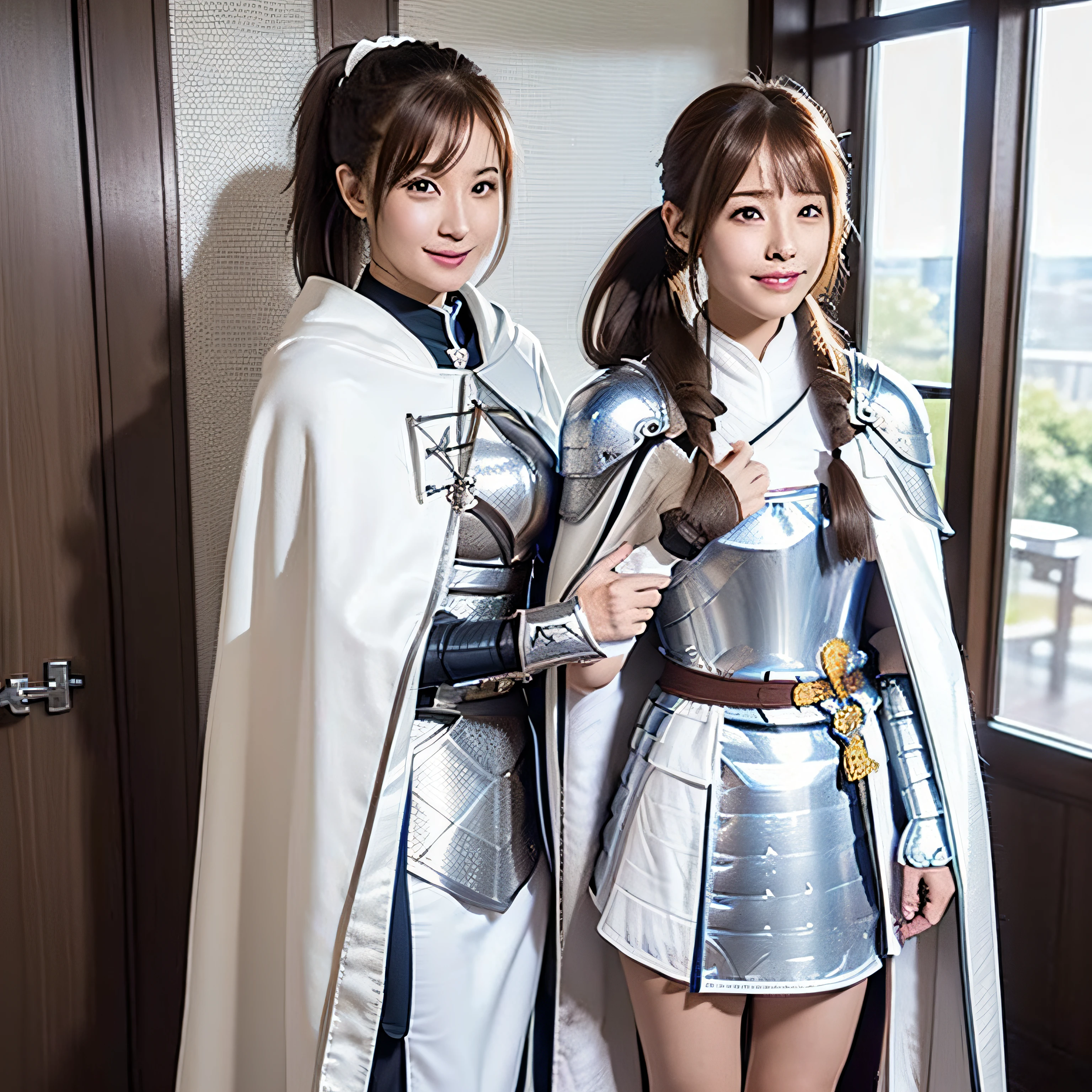 Asuna, Asuna_(stele), (1girl in,Solo) ,Fantasy, hight resolution, 19 Private, Original, (Worn on the sheath of the waist:1.3), Smile, (White Night Wizard Long Cape:1.55), Short hair, medium breasts, Looking at Viewer, Bangs ,Detailed hazel brown eyes, Beautiful background, ((the morning sun,Western-style private room)), Hands on the chest,(Brown hair,Short ponytail:1.5), (Platinum Knight Wizard Full Armor:1.55),Short hair, Standing,straight-on, ABEC,(Full body:1.1), white thighhig,(ABEC:1.4),