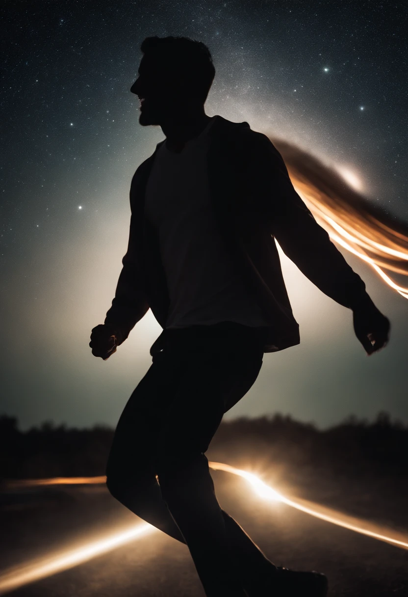 [figure sprinting under starry sky],[trails of vibrant light streaking behind],[night scene with a starlit background],[energetic motion and dynamic composition],[dreamlike atmosphere with dazzling effects],[glowing streaks of light and sparkling stars],[emphasize intense emotions and the sensation of a mad dash],[dramatic contrast between the dark sky and the vivid light trails].