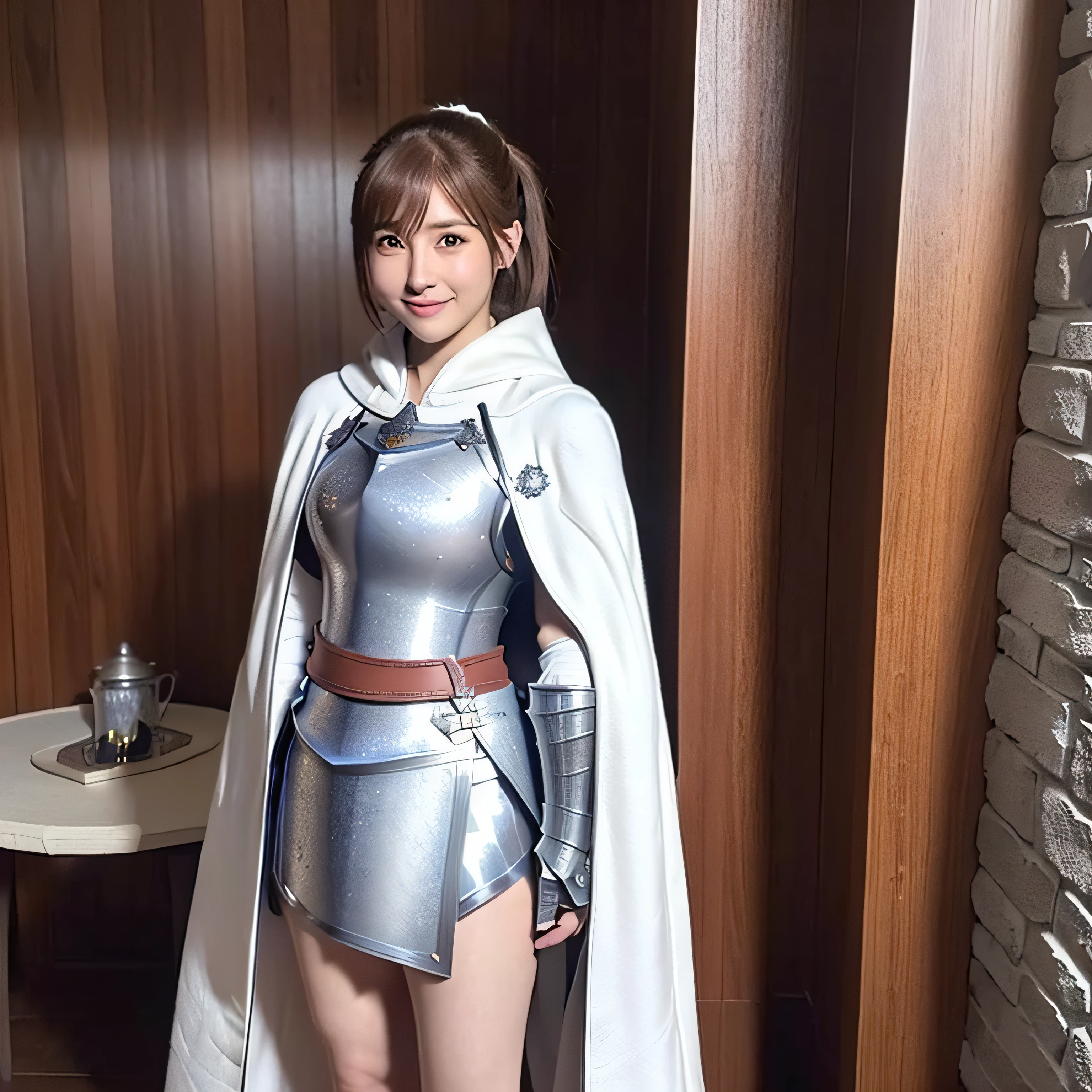 Asuna, Asuna_(stele), (1girl in,Solo) ,Fantasy, hight resolution, 19 Private, Original, (Worn on the sheath of the waist:1.3), Smile, (White Night Wizard Long Cape:1.55), Short hair, medium breasts, Looking at Viewer, Bangs ,Detailed hazel brown eyes, Beautiful background, ((the morning sun,Western-style private room)), Hands on the chest,(Brown hair,Short ponytail:1.5), (Platinum Knight Wizard Full Armor:1.55),Short hair, Standing,straight-on, ABEC,(Full body:1.1), white thighhig,(ABEC:1.4),