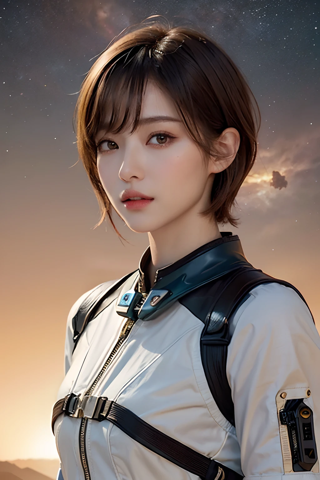 top-quality、​masterpiece、超A high resolution、(realisitic:1.4)、Beautuful Women１、Beautiful detail eyes and skin、ssmile、Light brown short-cut hair、The perfect spacesuit、spaceships、Mysterious planet、Red sky、sandstorm、