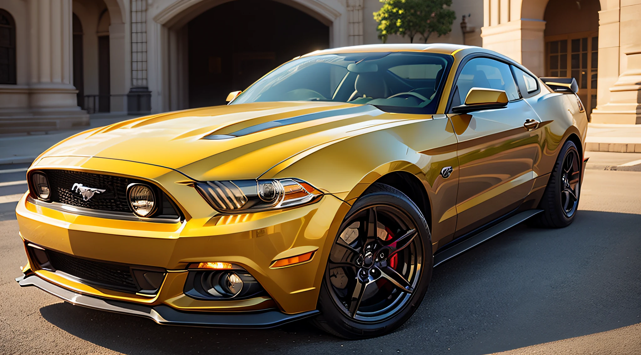 ford mustang,golden color,close-up photo,Photography,clear facial features,Photorealistic,DSLR,full body,