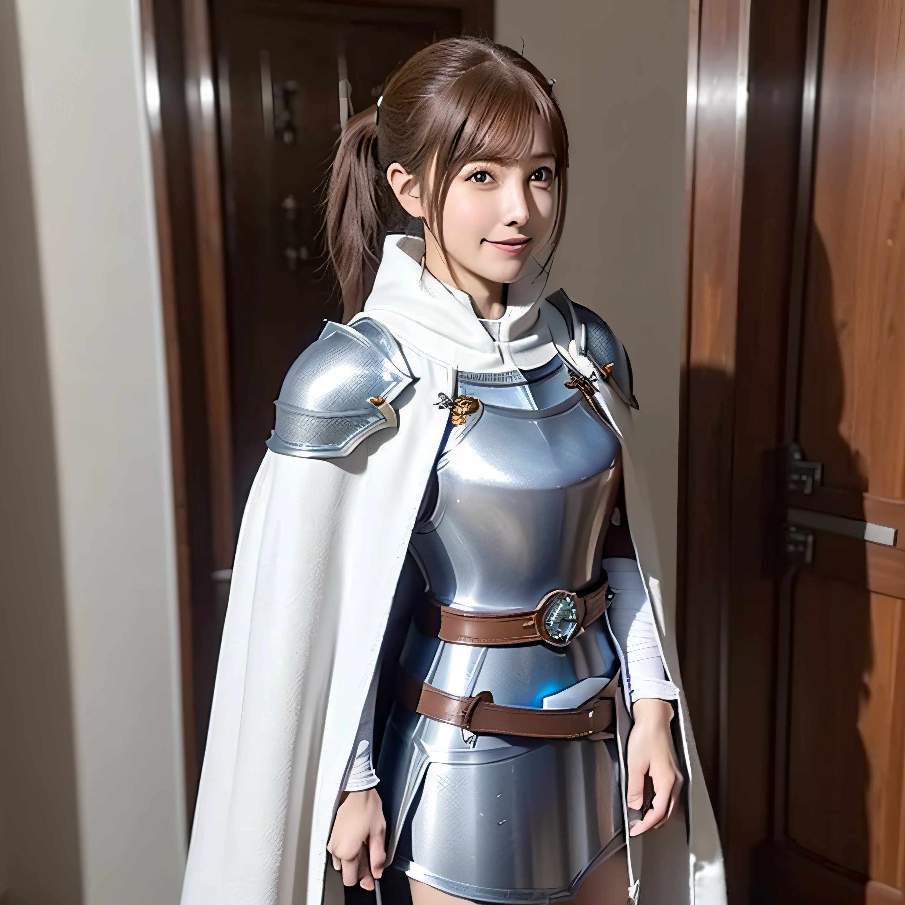 Asuna, Asuna_(stele), (1girl in,Solo) ,Fantasy, hight resolution, 19 Private, Original, (Worn on the sheath of the waist:1.3), Smile, (White Night Wizard Long Cape:1.55), Short hair, medium breasts, Looking at Viewer, Bangs ,Detailed hazel brown eyes, Beautiful background, ((the morning sun,Western-style private room)), Hands on the chest,(Brown hair,Short ponytail:1.5), (Platinum Knight Wizard Full Armor:1.55),Short hair, Standing,straight-on, ABEC,(Full body:1.1), white thighhig,(ABEC:1.4),