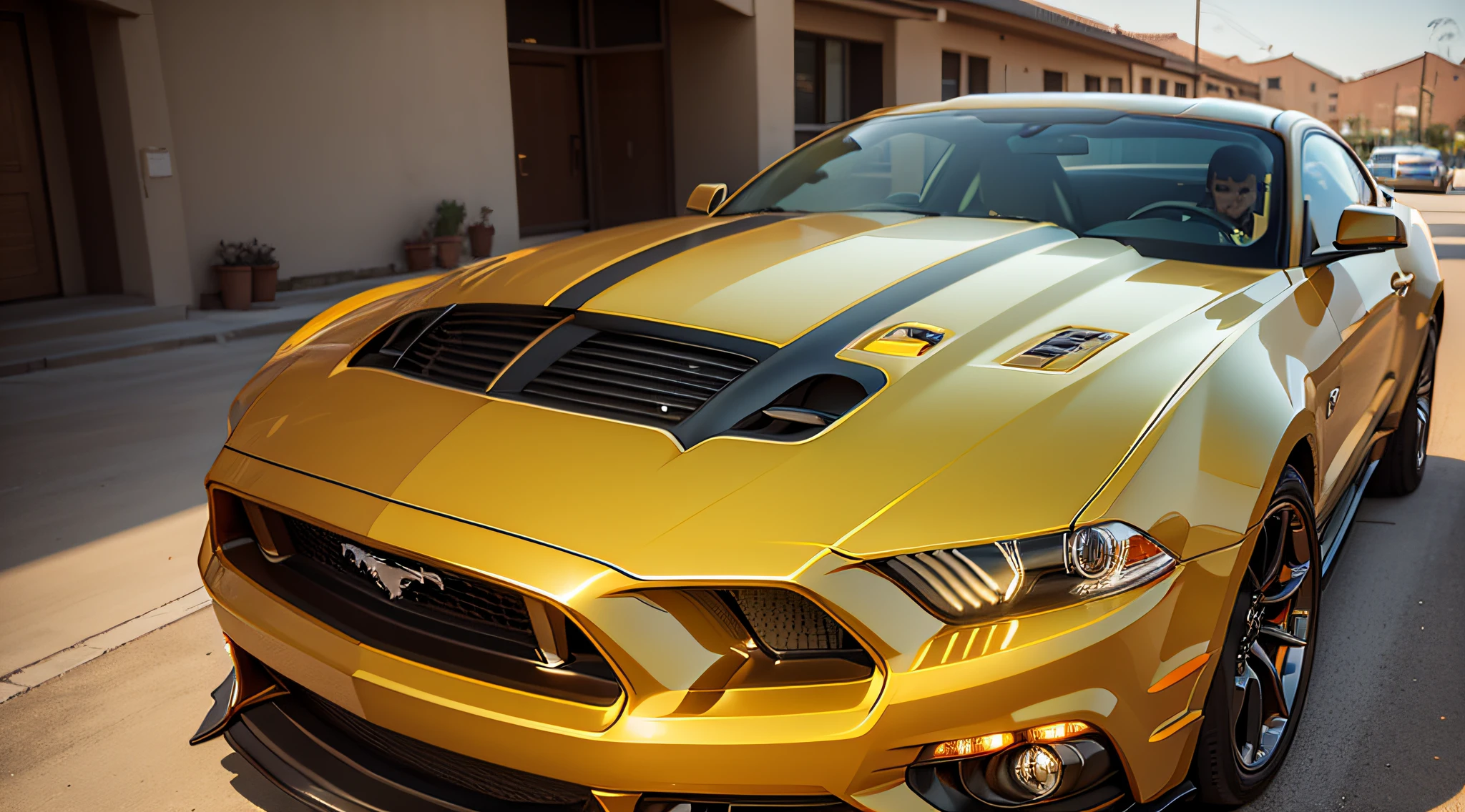 ford mustang,golden color,close-up photo,Photography,clear facial features,Photorealistic,DSLR,full body,