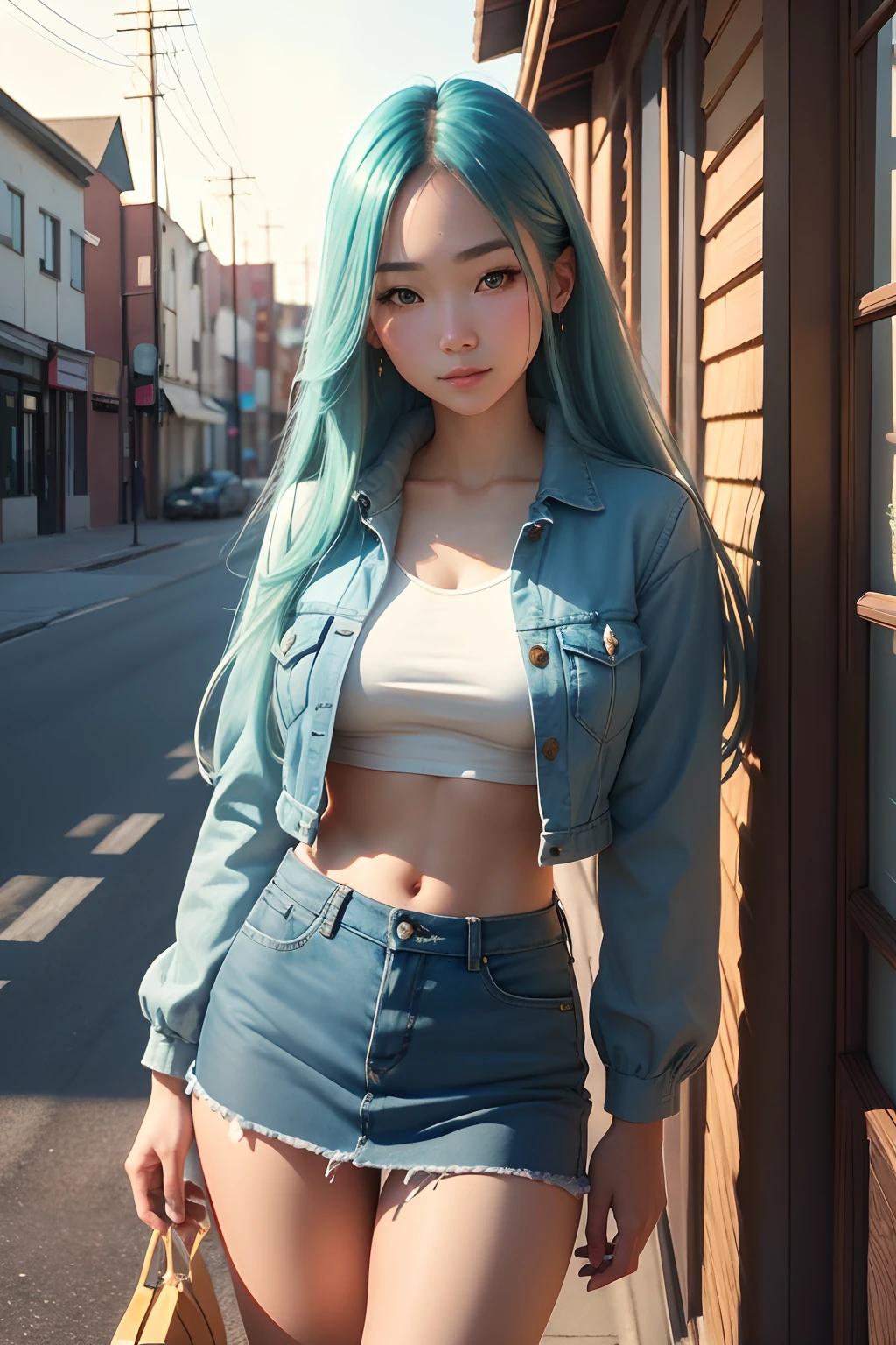 (best quality,4k,highres),ultra-detailed,realistic,portrait,beautiful young Japanese American woman, long greenish hair, blue eyes, detailed face, natural makeup, delicate features, radiant smile, fashionable, stylishly dressed, jean mini skirt, crop top, jean jacket, knee high boots, confident posture, standing on the corner in Winslow Arizona, sunny day, clear blue sky, vibrant colors, artistic composition, soft lighting, dreamy atmosphere