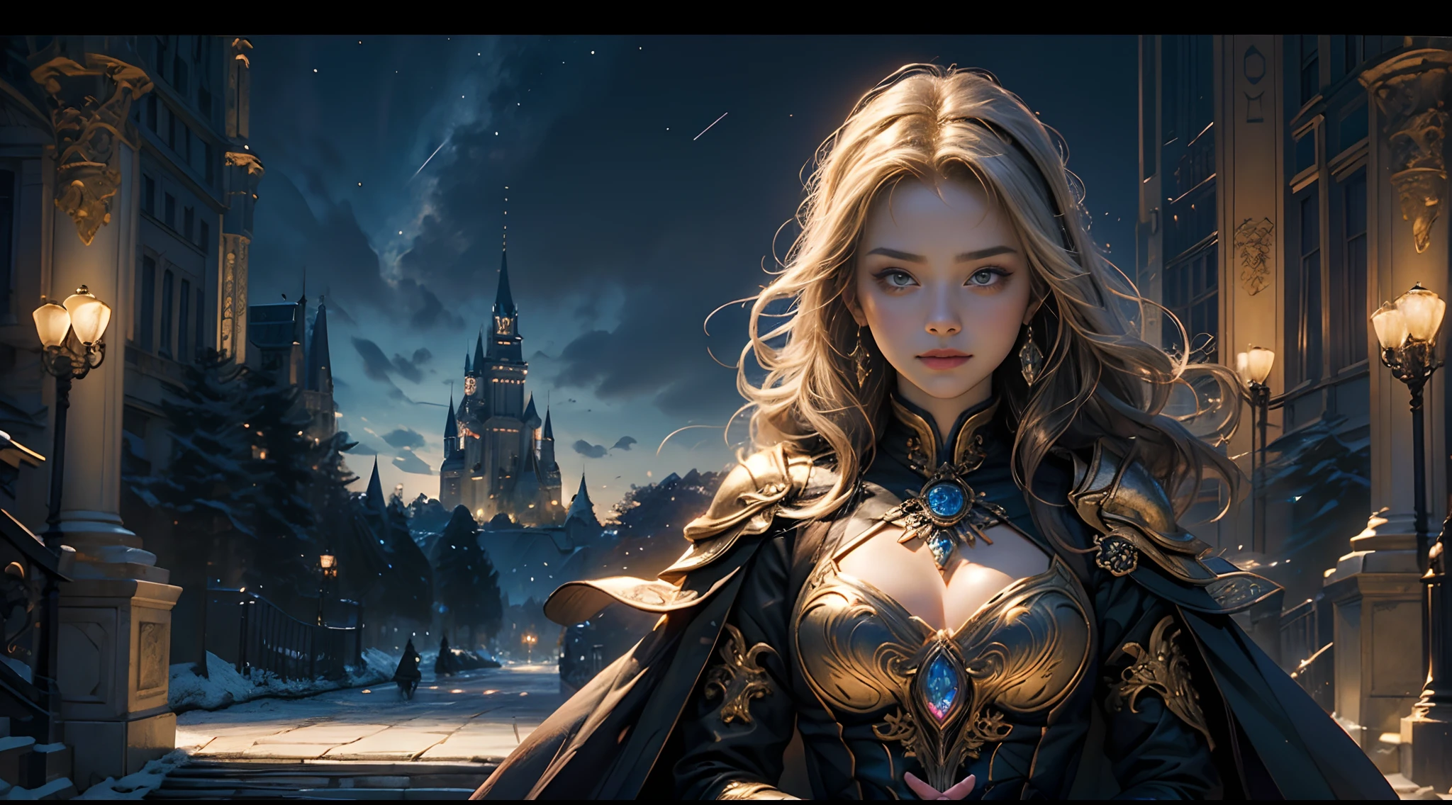 tmasterpiece,top-quality,best qualityer,offcial art,Beauty and aesthetics:1.2),(tmasterpiece:1.3), (8K, realisticlying, RAW photos, best qualtiy: 1.4), beauitful face, (photorealiscic face),超高分辨率, Ultra photo realsisim, highly detailed, the golden ratio, (with dynamism:1.3),(Saturation:1.3),illusory engine, (High detail: 1.9),(femele:1.4),(Large breasts),female mage,The background is the castle,dramatics,(magia:1.8),(Glowing scepter:1.5)
