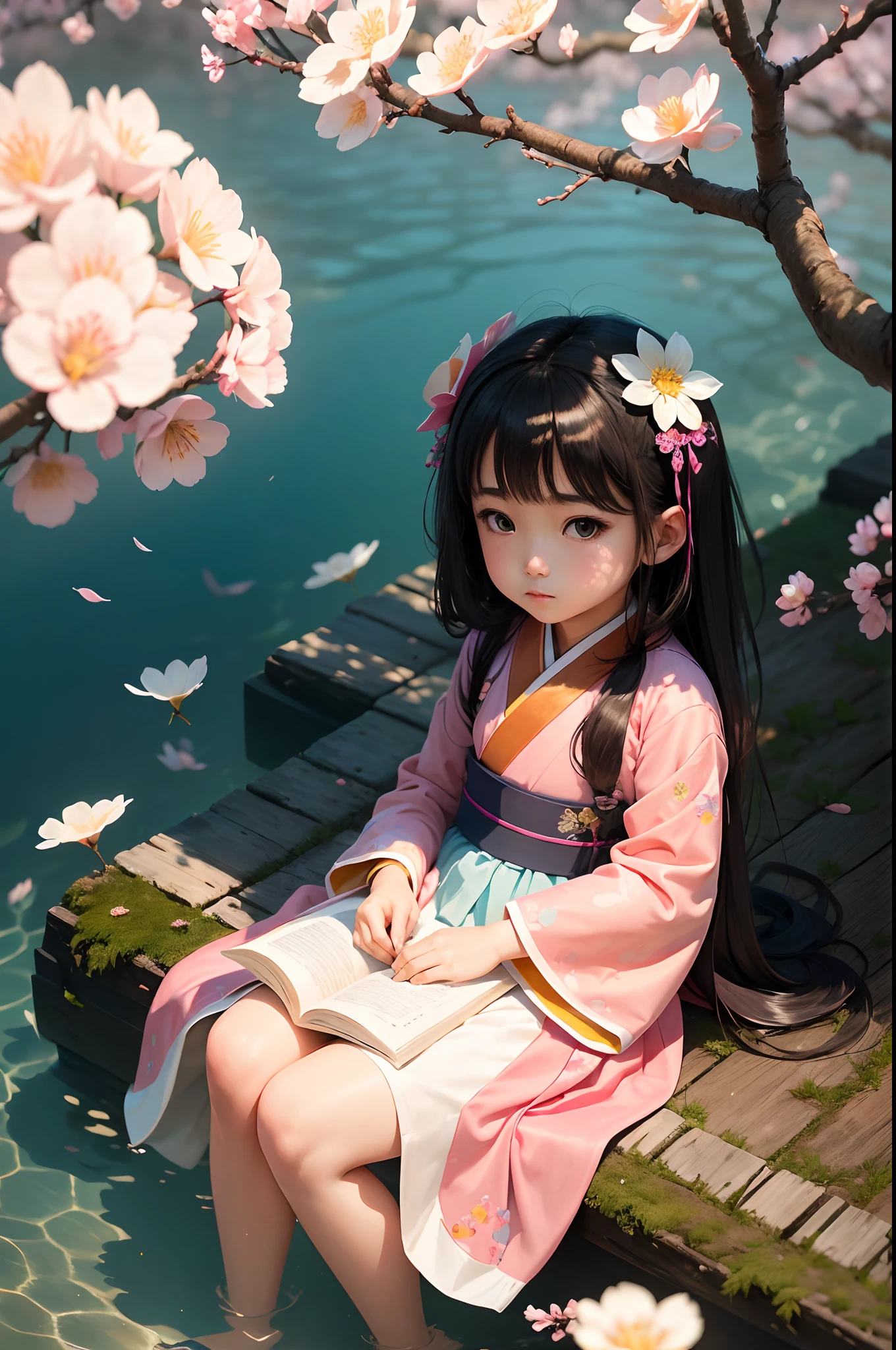 High- sharpness，ultra - detailed，（1girll：1.3），handpainted，Simple lines，An -yeld gidressed in colorful Hanfu，Sit under a peach blossom tree underwater，tmasterpiece，Sunny days，lendo livros