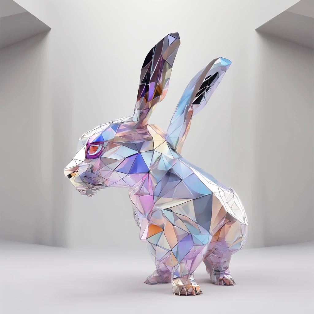 Perfect alignment,Rabbit with tiger face on its back、Crystal style, 发光, Standing position, Abstract beauty, Centered, Looking at the camera, Facing the camera, flawless、Dynamic、 Highly detailed, sleeoing, 8K High Resolution, Illustration,, White background、Geometric art、Tints like stained glass、