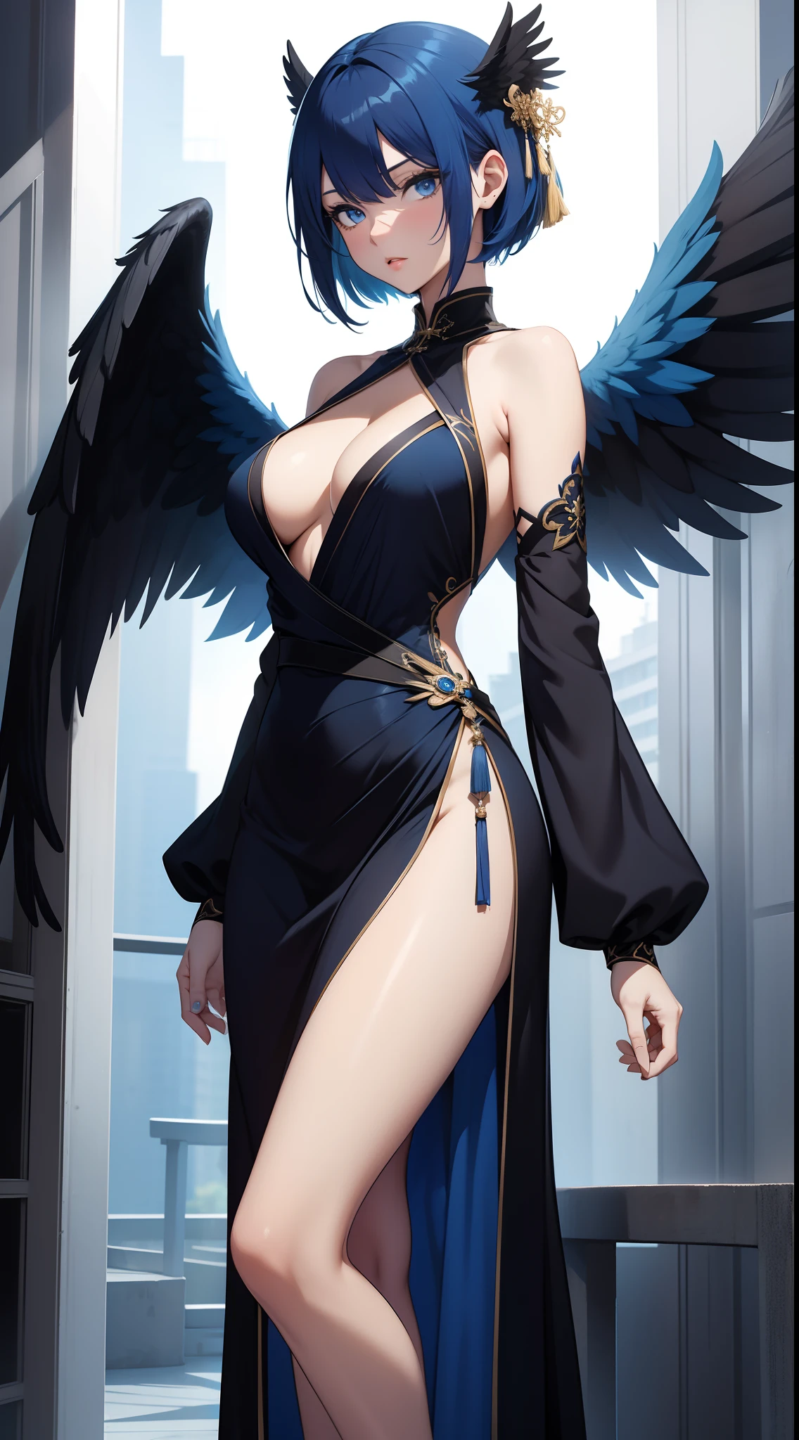 Tall girl, Short blue hair, blue eyes, Black Chinese dress, Blue inserts, open shoulders, big angel wings, Masterpiece, hiquality, high detail, HD, 4k