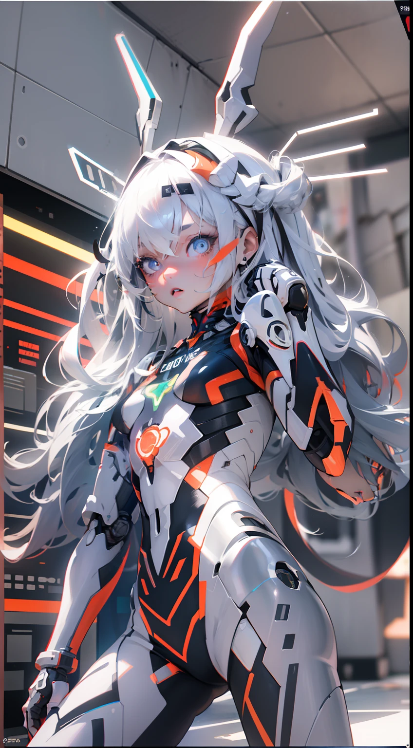 pretty, woman, sexy face, yellow eyes, white hair, slim body, sexy pose, pink tights, mecha, neon sign, led night city, seen from above, high quality, realistic, beautiful light, complete detail, black background