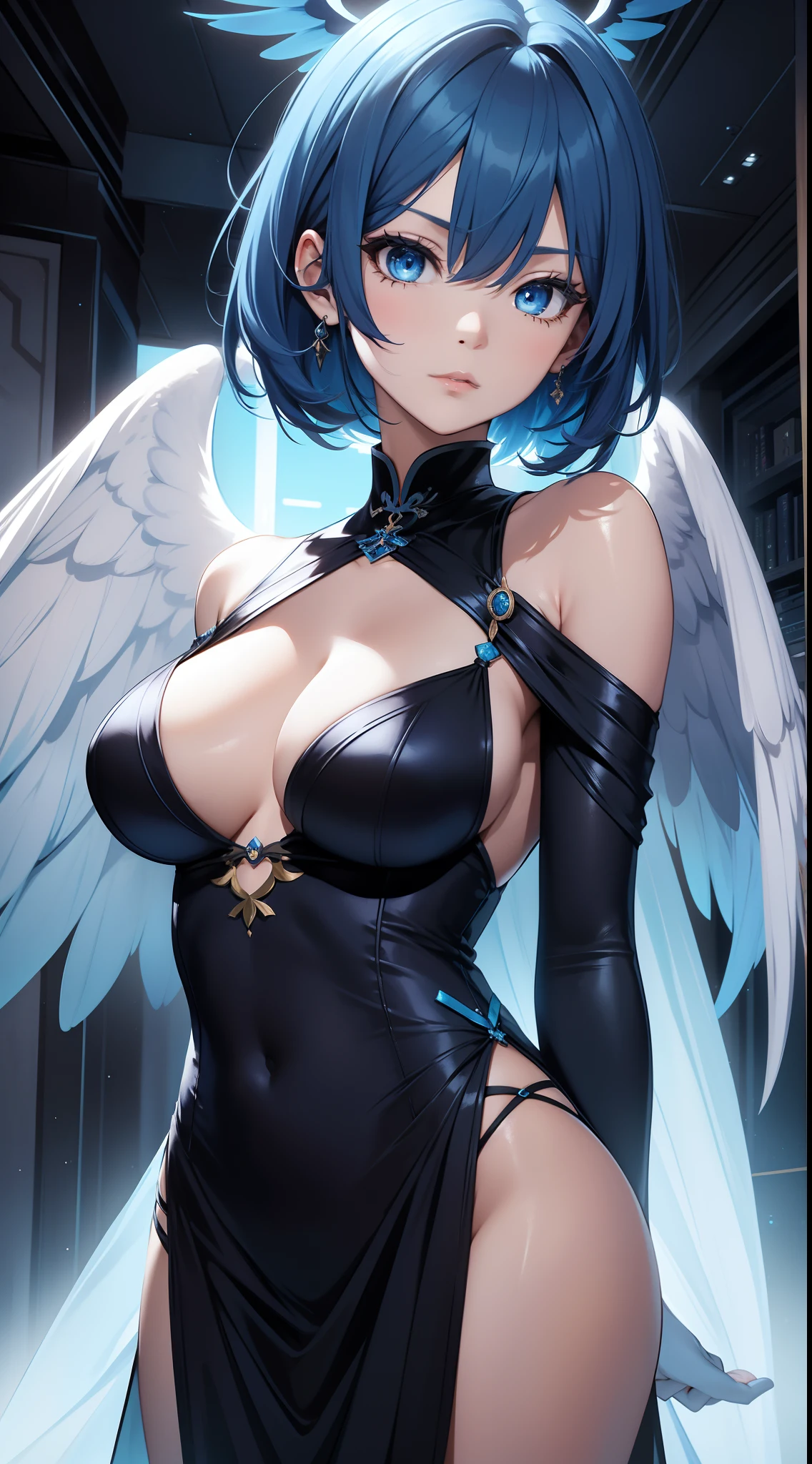 Tall girl, Short blue hair, blue eyes, Black Chinese dress, Blue inserts, open shoulders, big angel wings, Masterpiece, hiquality, high detail, HD, 4k