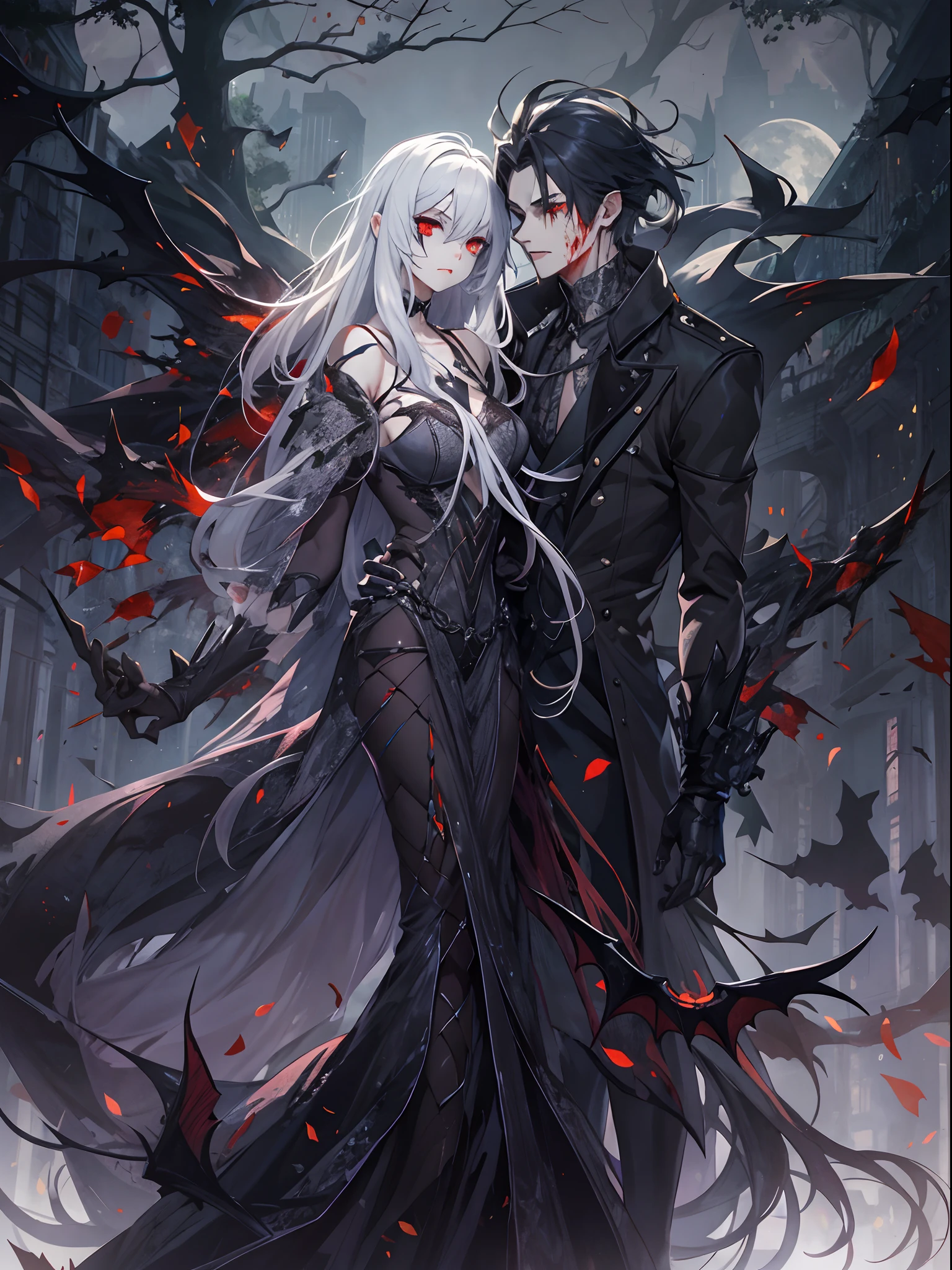 (Vampires),((Male people)),(独奏),Upper body,Pale-skinned,Stunning facial features,Red eyes,(Sad and cold eyes),There are two long fangs on it,fog,Short silver hair,Blood stains in the corners of the mouth,brutal,The corners of his mouth flowed with freshly absorbed blood.,Wear a black coat,(Fantastic Gothic costumes),night,Under the full moon,dramatic pose, Dark and strange background,terrifying atmosphere,Gothic style,gothic art,Best Quality,of the highest quality,巨作,8k,