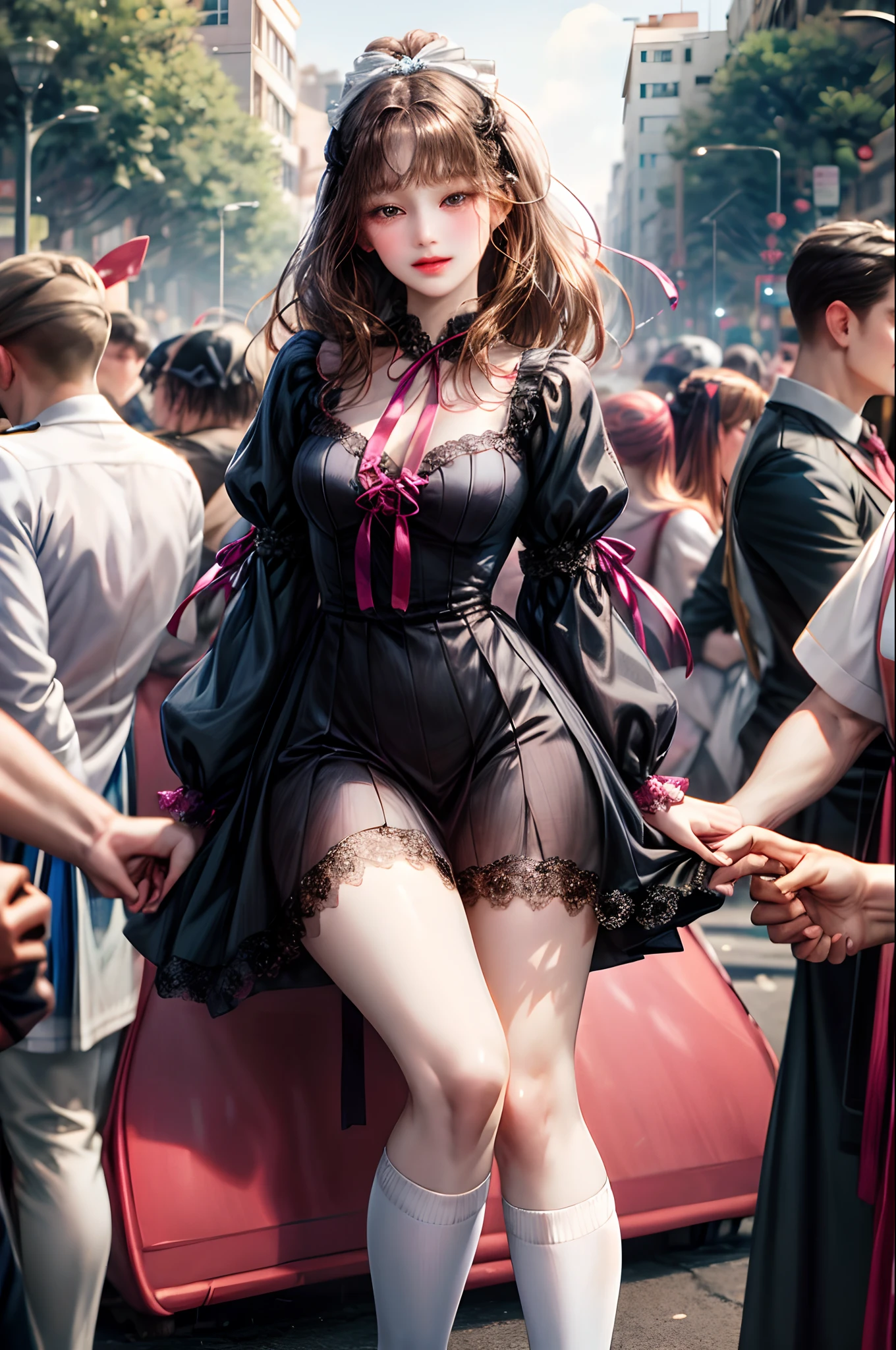 In the streets, in the crowd, white ribbons on thighs, ribbon accessories on thighs, heart-shaped anime girl 1girl, slender, solo, heart, look at viewers, long black hair, long sleeves, bangs, pink dress, hair accessories brown eyes, ribbons , white knee socks