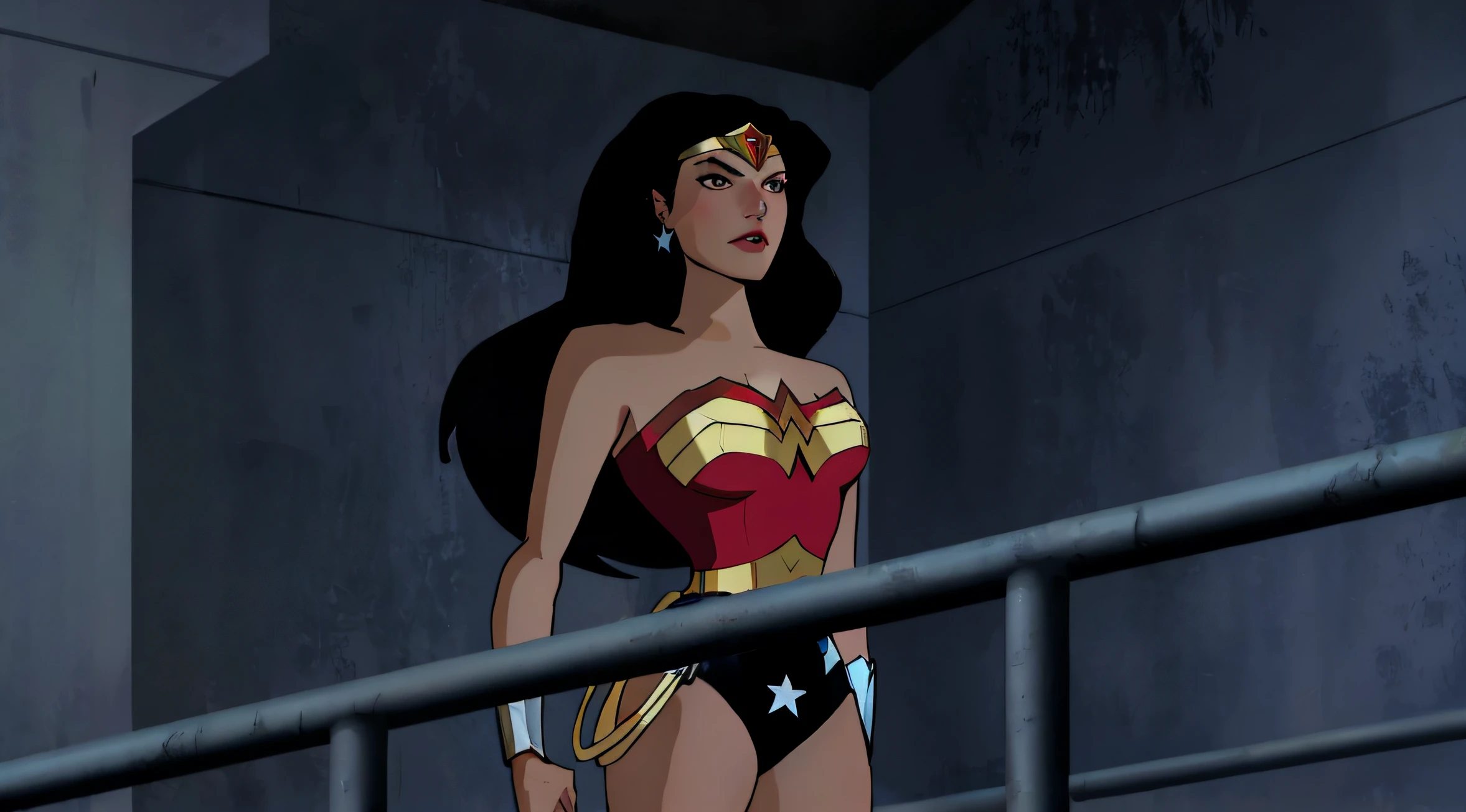 a close up of a woman in a costume standing on a railing, wonder woman, in the justice league, dressed as wonder woman, but a stern look about her, inspired by Bruce Timm, portrait of wonder woman, heroic look, large breasts, wide hips, small waist,