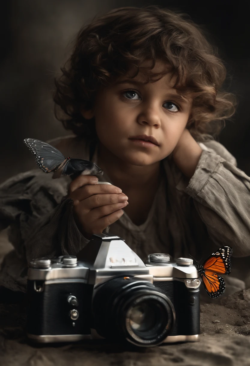 "Ultra-realistic depiction of a face match with he faced, sitting with sorrow, agony, ((dried eye drops, camera focused face)), messy and curl hair, dusty face and cloth,(( a destructed city in background, fire, human corpse on ground, some people are crying, destroyed building)), a butterfly sits on her forefinger, (((she is looking at the butterfly and a little bit smile))), hyper detailed, dynamic color, black and gray shade, super emotional picture, set against a hauntingly dark backdrop and surrounded by swirling dark smoke. The image should be in a captivating 16:9 format."