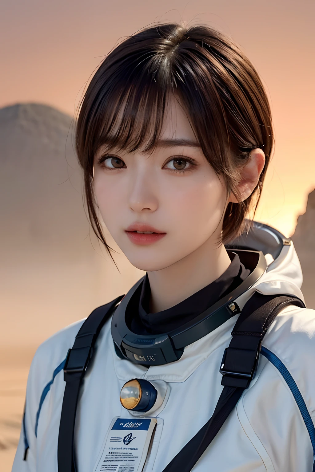 top-quality、​masterpiece、超A high resolution、(realisitic:1.4)、Beautuful Women１、Beautiful detail eyes and skin、ssmile、Light brown short-cut hair、The perfect spacesuit、spaceships、Mysterious planet、Red sky、sandstorm、