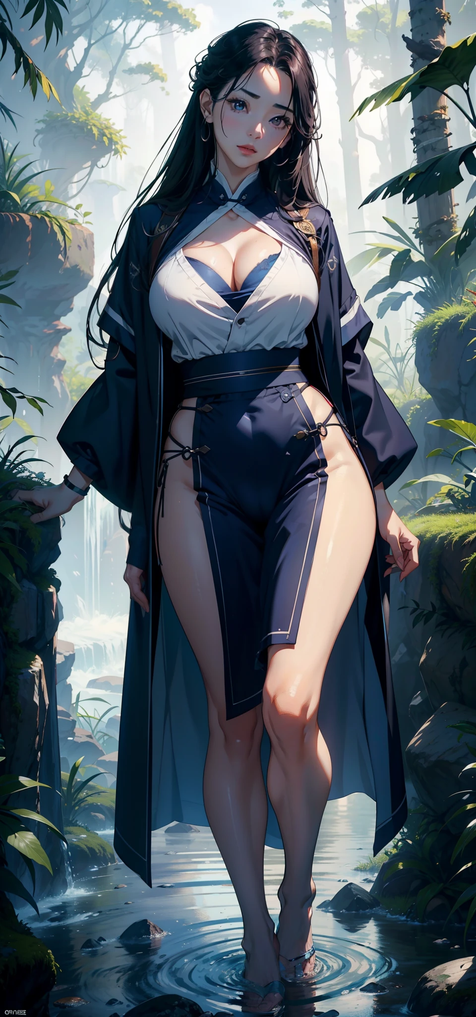 1female,41 years old,熟妇,extremely large bosom ,Pornographic exposure, 独奏,(Background with:ln the forest,the rainforest,in summer) She has long black hair,standing on your feet,Sweat profusely,drenched all over the body,seen from the front, hair straight, mostly cloudy sky,(((tmasterpiece),(Very detailed CG unity 8K wallpaper),best qualtiy,cinmatic lighting,detailed back ground,beatiful detailed eyes,Bright pupils,(Very fine and beautiful),(Beautiful and detailed eye description),ultra - detailed,tmasterpiece,)),facing at camera,A high resolution,ultra - detailed),revealing breasts,Bare genitalia, Bulge,legs are open,Raised sexy,Camel toes,Flushed complexion,Open-mouthed,frontage,elementary student,(Wearing:Blue sailor uniform)