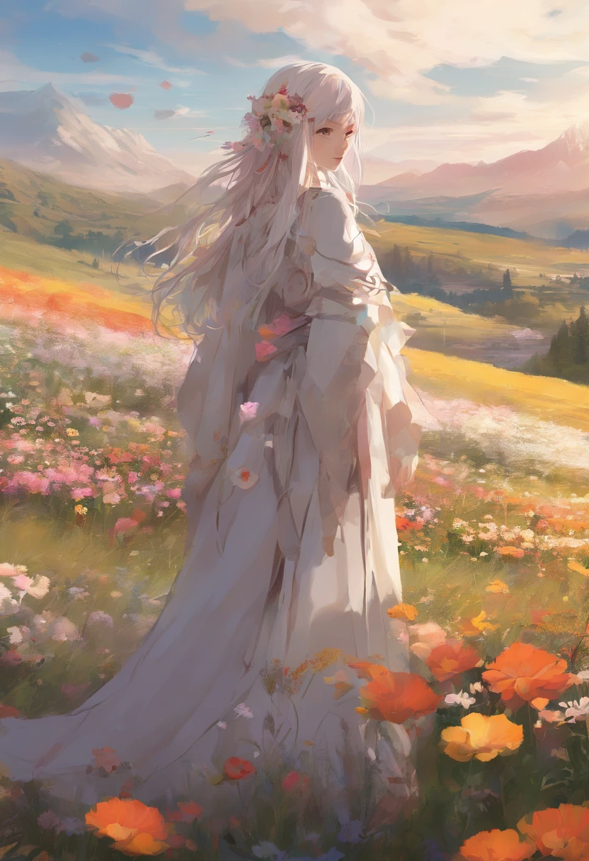 (masterpiece:1.2、top-quality)、nffsw、intricate detailes、1girl in、albino、Light brown eyes、beautiful brown long-haired、Silky straight hair、Twilight Look、Long gray poncho、(((plein air、flower field、colorful flower々)))、Natural light、Pale lighting