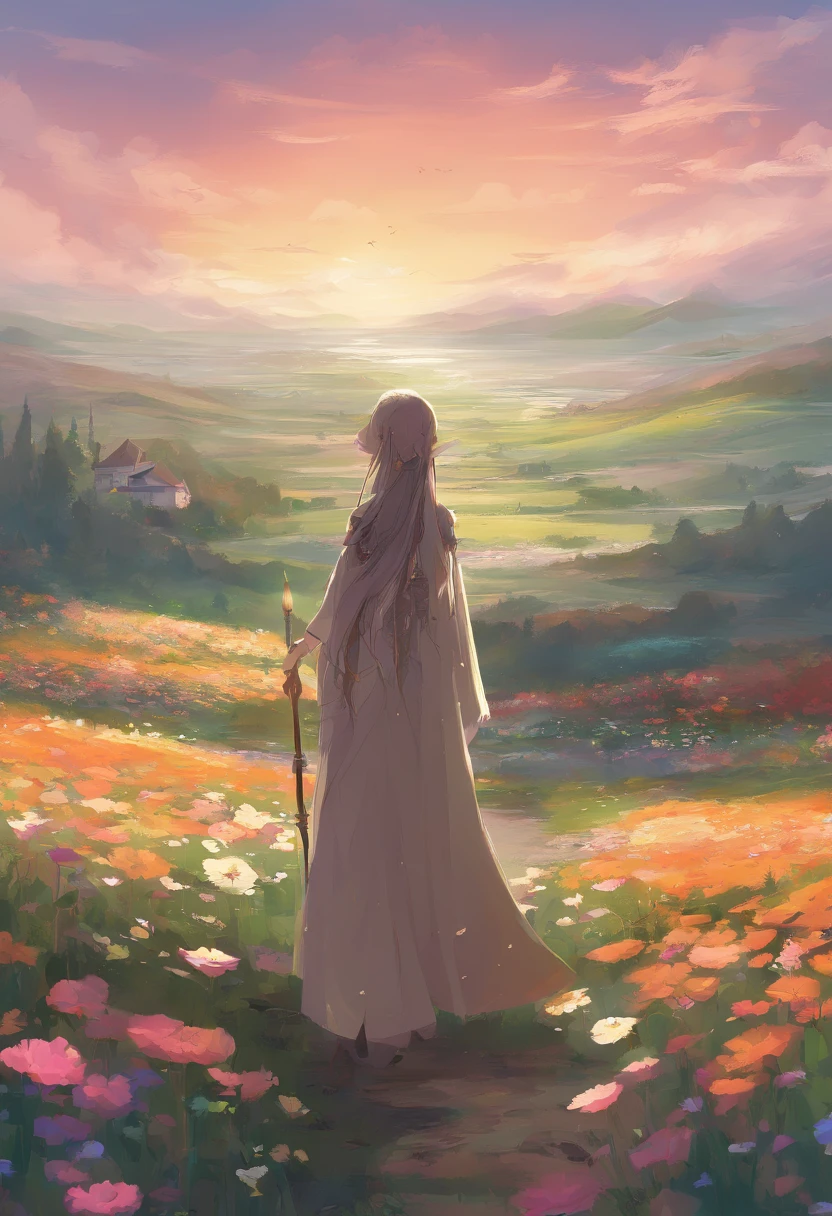 (masterpiece:1.2、top-quality)、nffsw、intricate detailes、1girl in、albino、Light brown eyes、beautiful brown long-haired、Silky straight hair、Twilight Look、Long gray poncho、(((plein air、flower field、colorful flower々)))、Natural light、Pale lighting