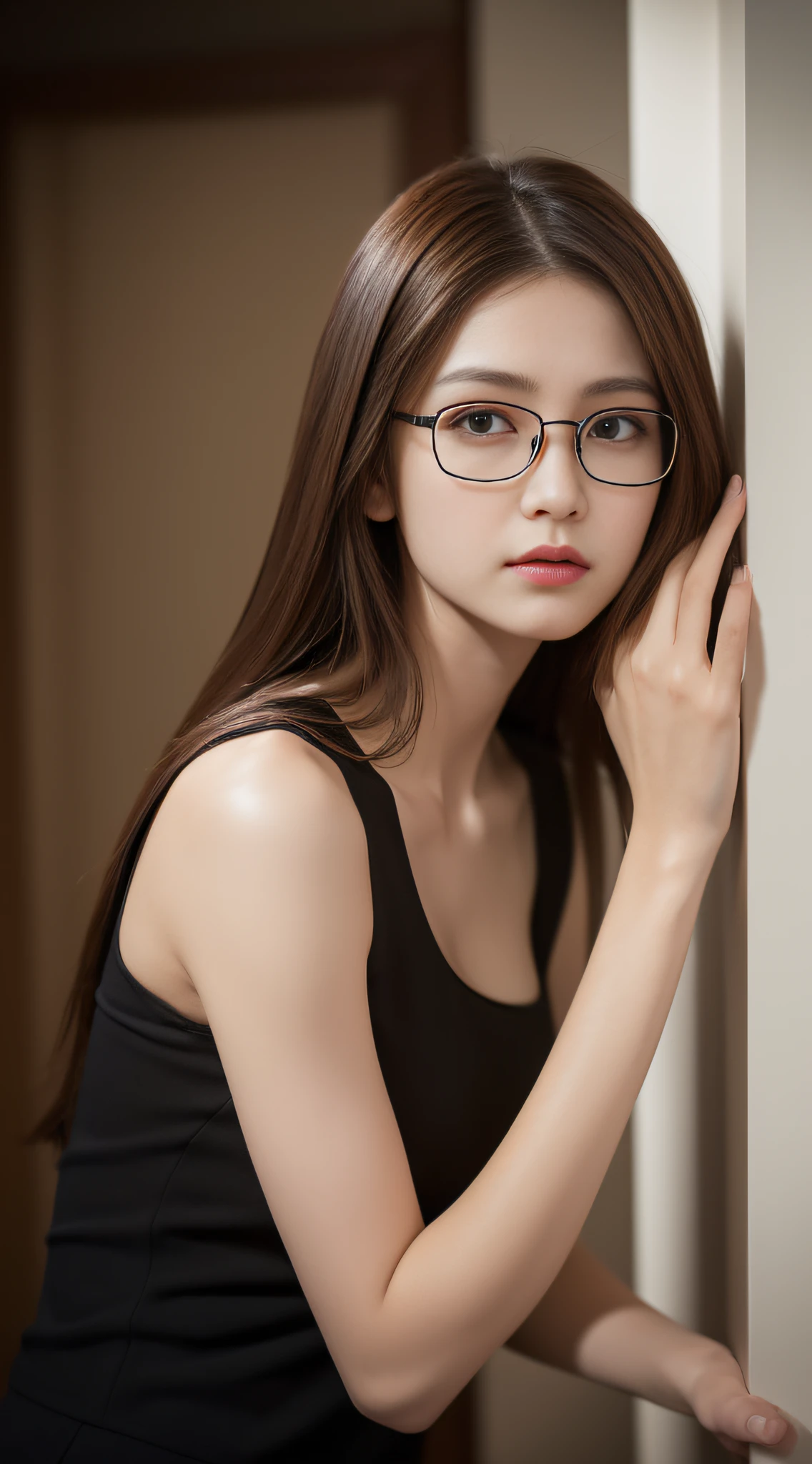 ((Day, Best quality, 8k, Masterpiece:1.3, Realistic)), Whole body, Long legs:1.2, Sharp Focus:1.2, A pretty woman with perfect figure, Slender abs, ((1 girl, Long dark brown hair, Medium breasts)), ((Black working suit, Tight tanktop, Black pencil pants, Glasses, Standing:1.3, Front office)), (Dynamicposes, Soft lighting, Looking at viewers, Side angle view, Fashionable), Single shot, Highly detailed face and skin texture, Detailed eyes, Double eyelid