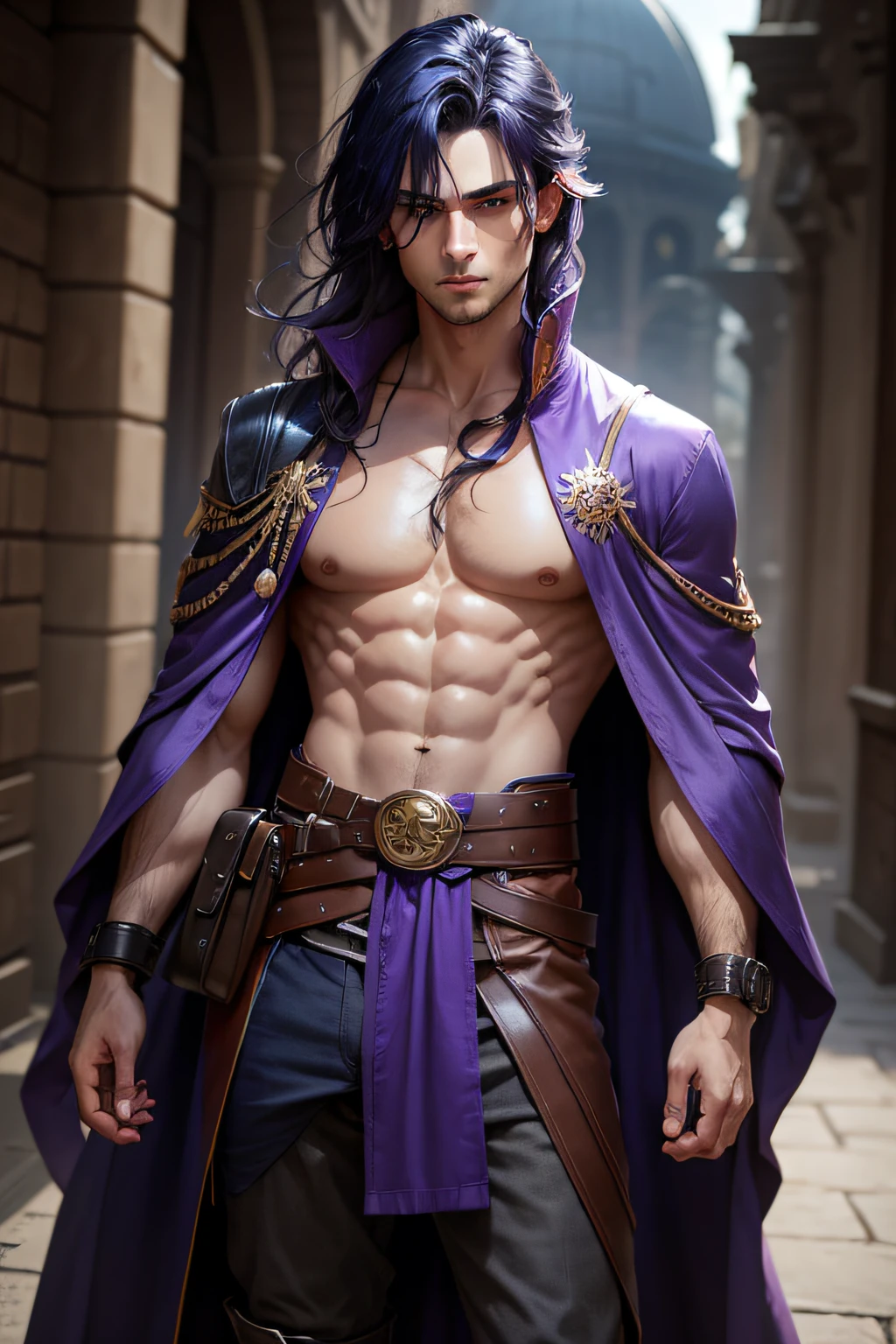 dark blue hair, purple eyes, long messy hair, fantasy, male, purple clothes, dark blue clothes, grey clothes, open robe, wrist guards, multiple belts, belt pouches,