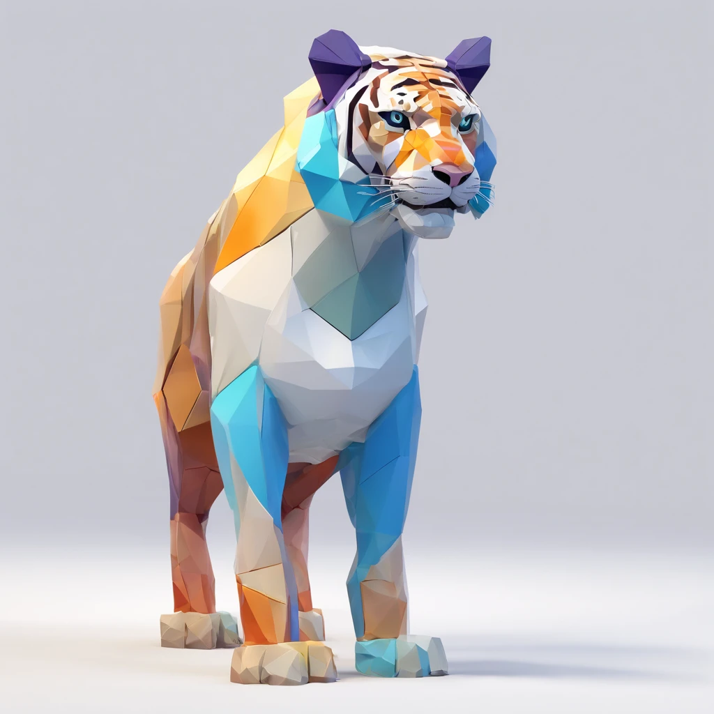 Perfect alignment,Hybrid creatures of tigers and rabbits、Crystal style, 发光, Standing position, Abstract beauty, Centered, Looking at the camera, Facing the camera, flawless、Dynamic、 Highly detailed, sleeoing, 8K High Resolution, Illustration,, White background、Geometric art、Tints like stained glass、Eared rabbit、The face is a tiger、the tail is long、Leg strength、blue body